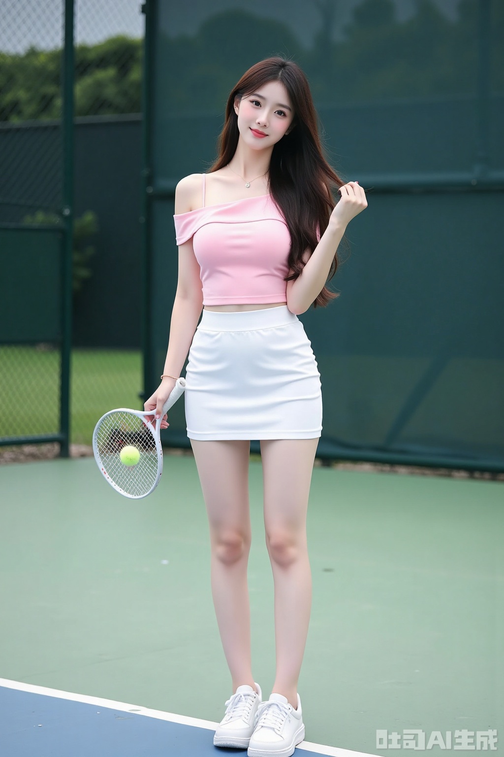 Realistic photo of a young woman with long hair, fair skin, big breasts, off-shoulder pink shirt, short pencil skirt, long legs, sneakers, full body, playing tennis, tennis court,