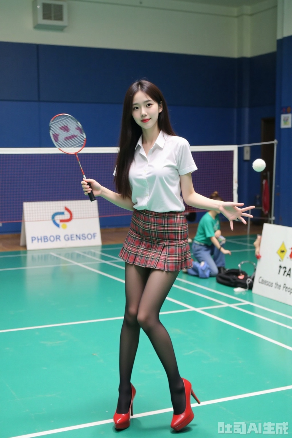 Realistic photo of a young woman with long hair, fair skin, big breasts, school uniform, plaid skirt, pantyhose, long legs, red high heels, playing badminton, campus indoor sports field,