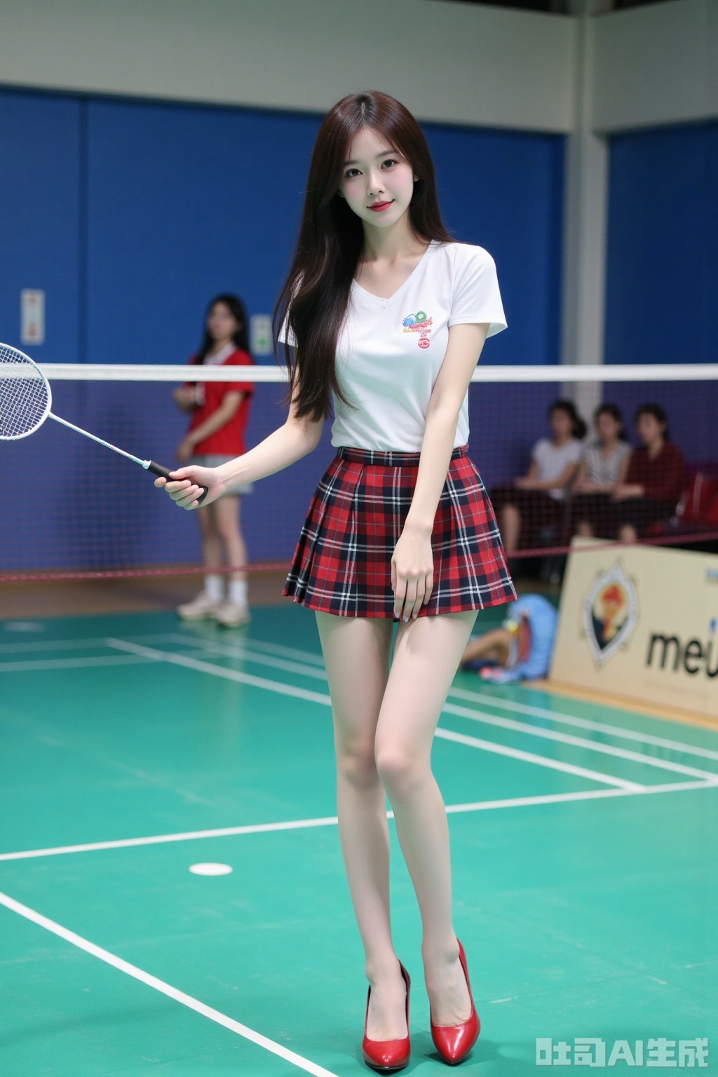 Realistic photo of a young woman with long hair, fair skin, big breasts, school uniform, plaid skirt, pantyhose, long legs, red high heels, playing badminton, campus indoor sports field,
