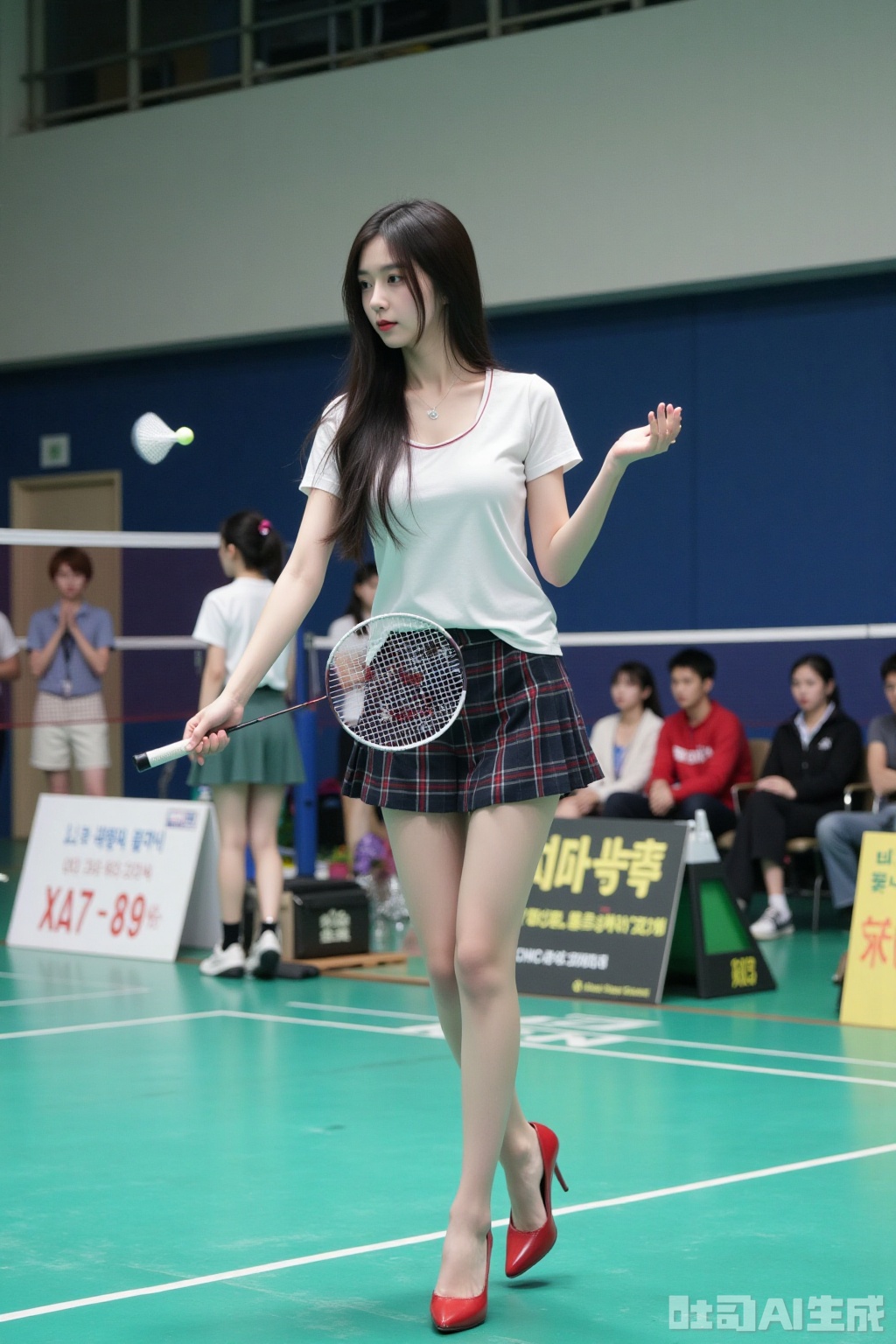 Realistic photo of a young woman with long hair, fair skin, big breasts, school uniform, plaid skirt, pantyhose, long legs, red high heels, playing badminton, campus indoor sports field,