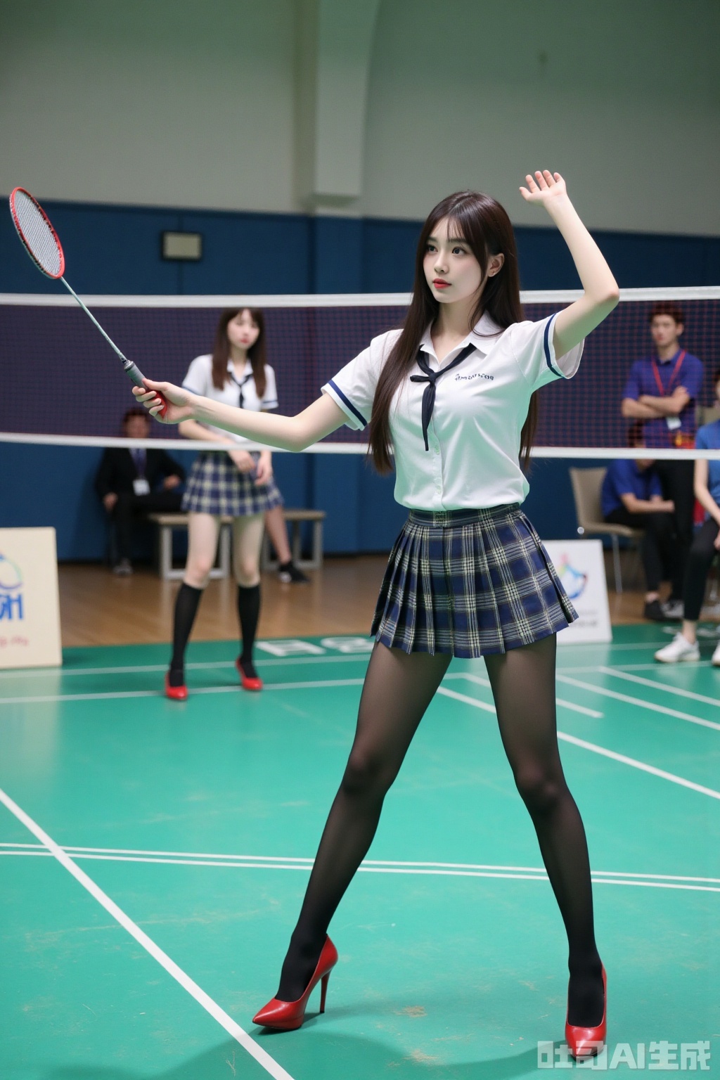 Realistic photo of a young woman with long hair, fair skin, big breasts, school uniform, plaid skirt, pantyhose, long legs, red high heels, playing badminton, campus indoor sports field,