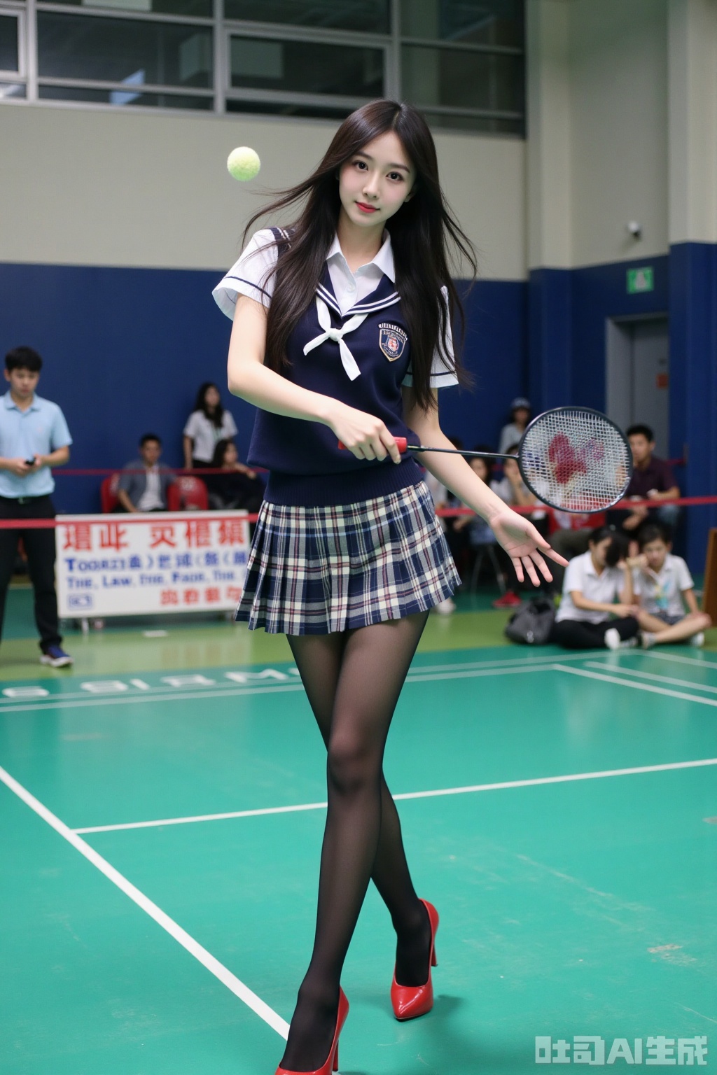 Realistic photo of a young woman with long hair, fair skin, big breasts, school uniform, plaid skirt, pantyhose, long legs, red high heels, playing badminton, campus indoor sports field,