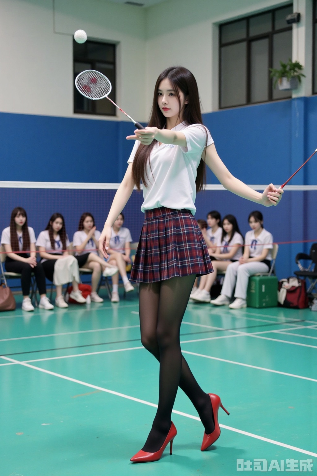 Realistic photo of a young woman with long hair, fair skin, big breasts, school uniform, plaid skirt, pantyhose, long legs, red high heels, playing badminton, campus indoor sports field,