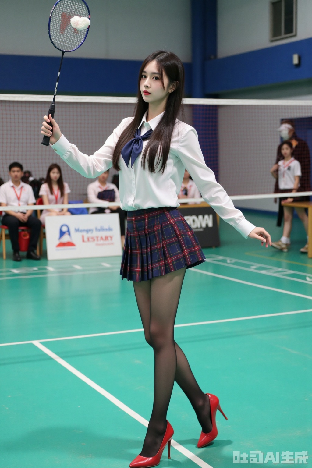 Realistic photo of a young woman with long hair, fair skin, big breasts, school uniform, plaid skirt, pantyhose, long legs, red high heels, playing badminton, campus indoor sports field,