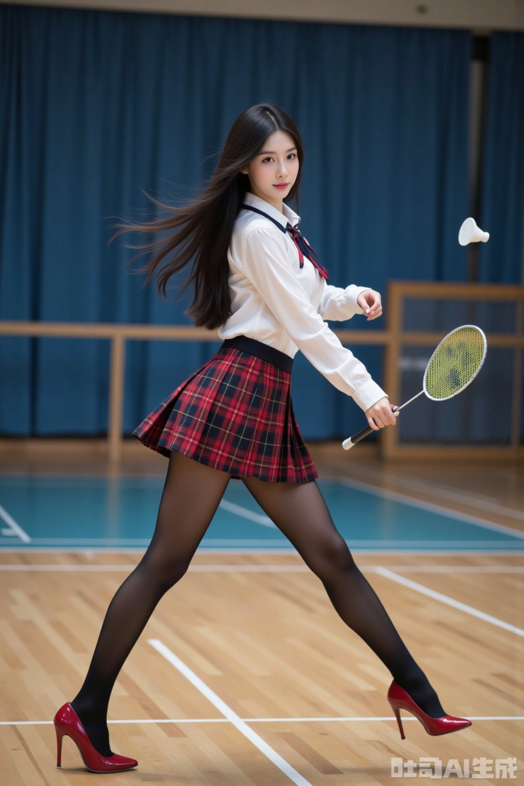 Realistic photo of a young woman with long hair, fair skin, big breasts, school uniform, plaid skirt, pantyhose, long legs, red high heels, playing badminton, campus indoor sports field,