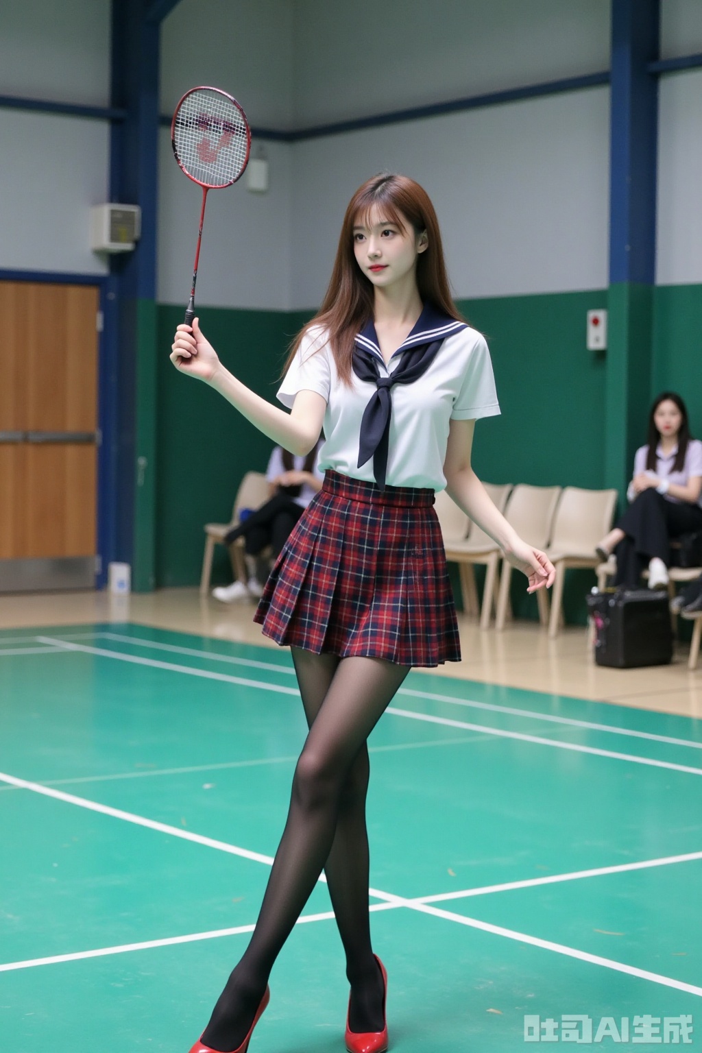 Realistic photo of a young woman with long hair, fair skin, big breasts, school uniform, plaid skirt, pantyhose, long legs, red high heels, playing badminton, campus indoor sports field,