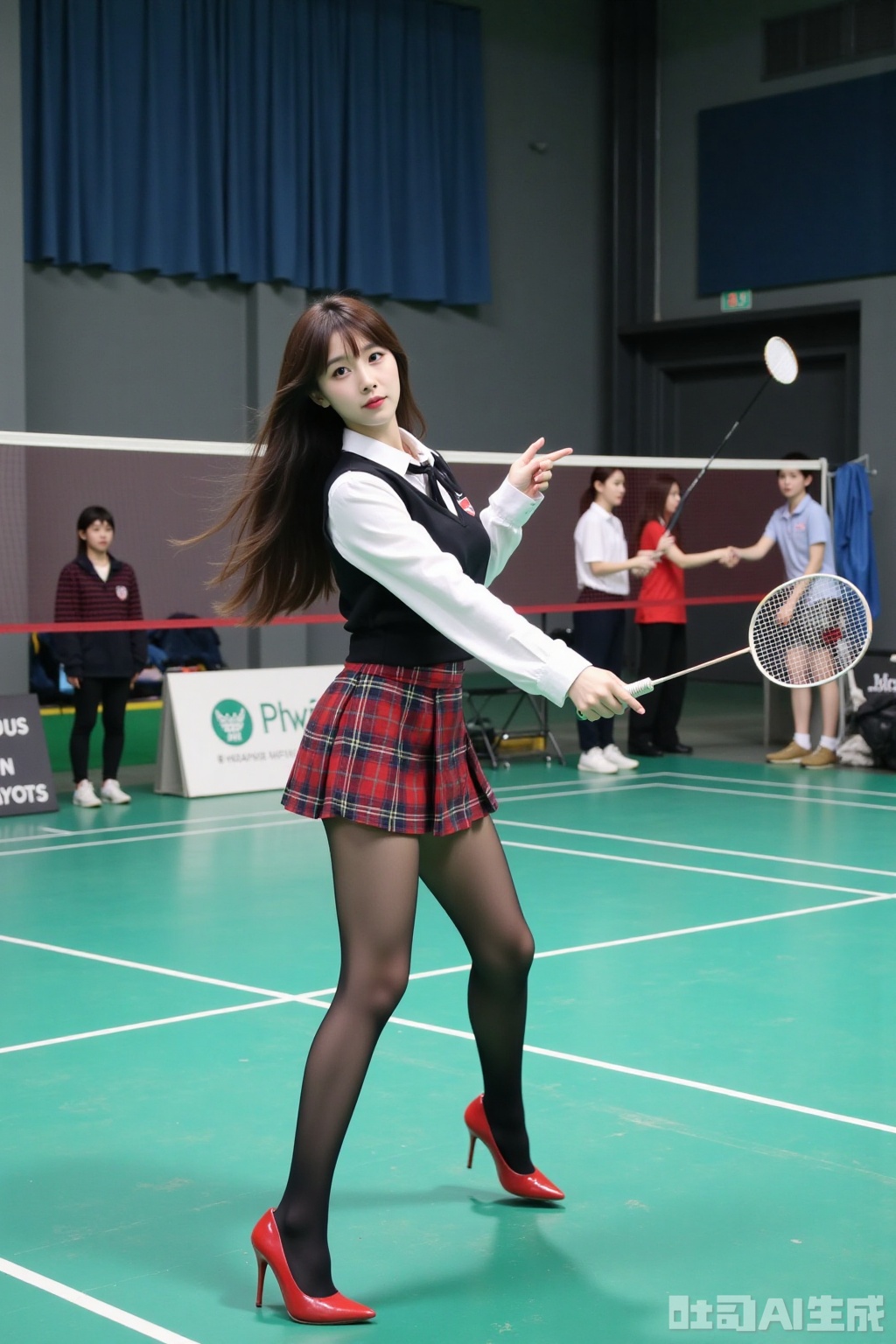 Realistic photo of a young woman with long hair, fair skin, big breasts, school uniform, plaid skirt, pantyhose, long legs, red high heels, playing badminton, campus indoor sports field,