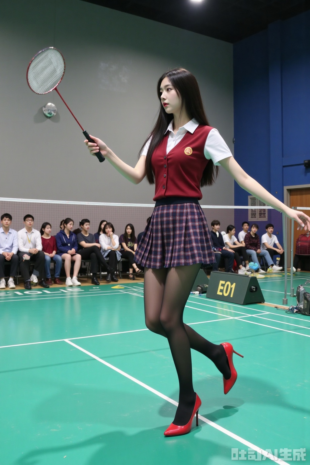 Realistic photo of a young woman with long hair, fair skin, big breasts, school uniform, plaid skirt, pantyhose, long legs, red high heels, playing badminton, campus indoor sports field,