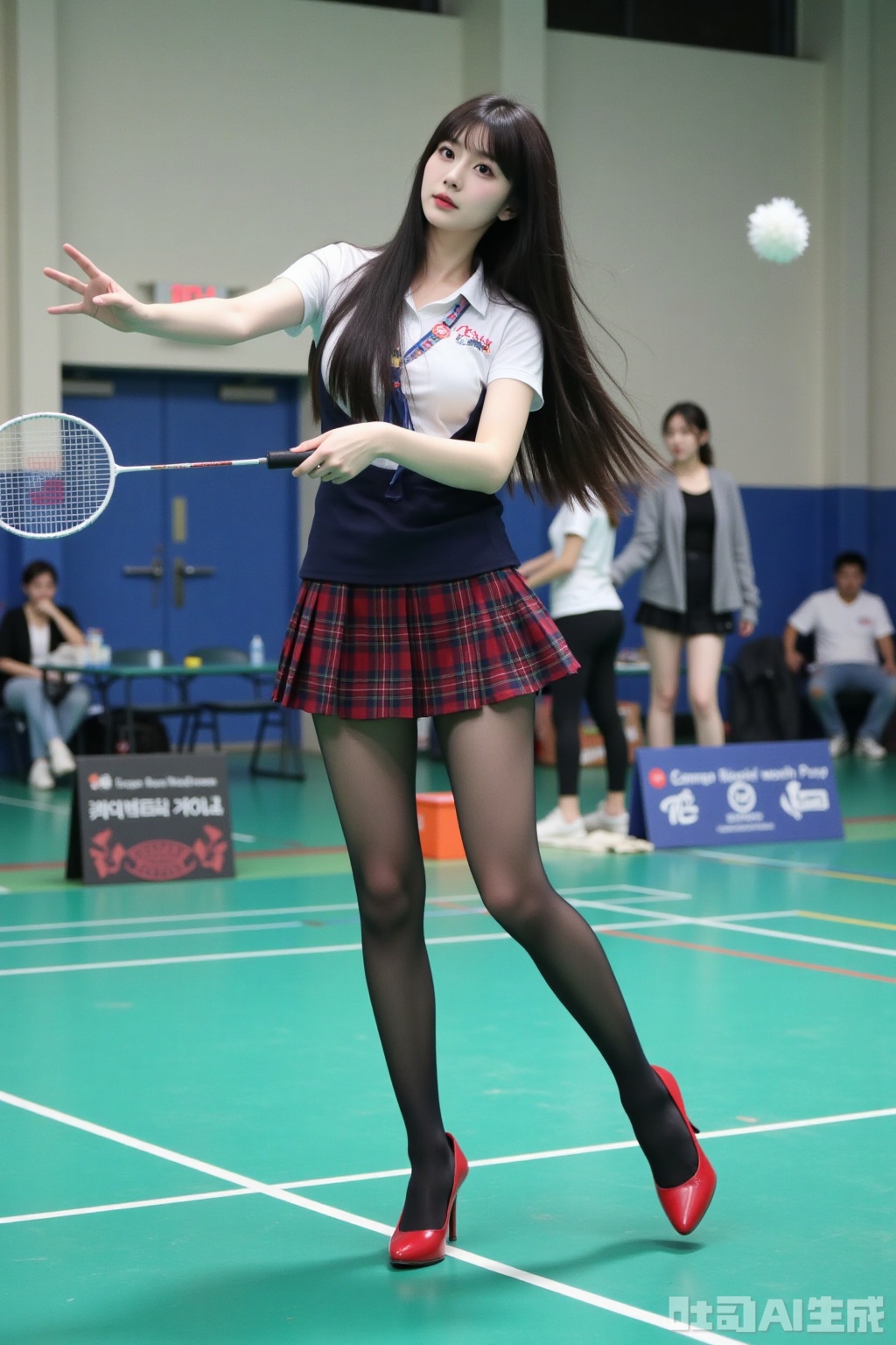 Realistic photo of a young woman with long hair, fair skin, big breasts, school uniform, plaid skirt, pantyhose, long legs, red high heels, playing badminton, campus indoor sports field,