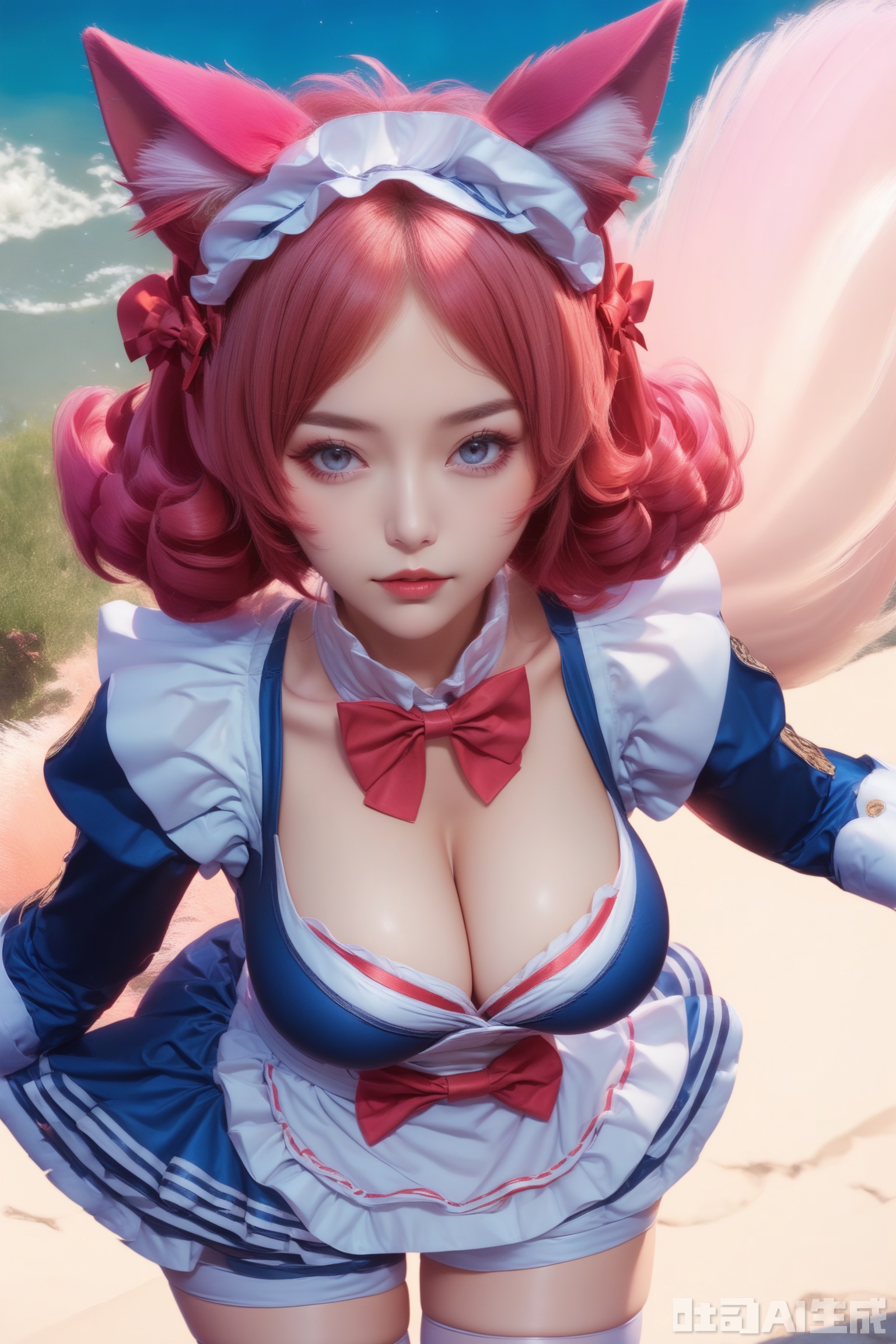 score_9,score_8_up,1girl, solo, breasts, looking at viewer, short hair, large breasts, thighhighs, long sleeves, dress, bow, animal ears, cleavage, pink hair, red hair, 
frill, cat ears, apron, red bow, white thighhighs, animal ear fluff, maid headdress, blue dress, bike shorts,  waist apron, white apron, realistic,