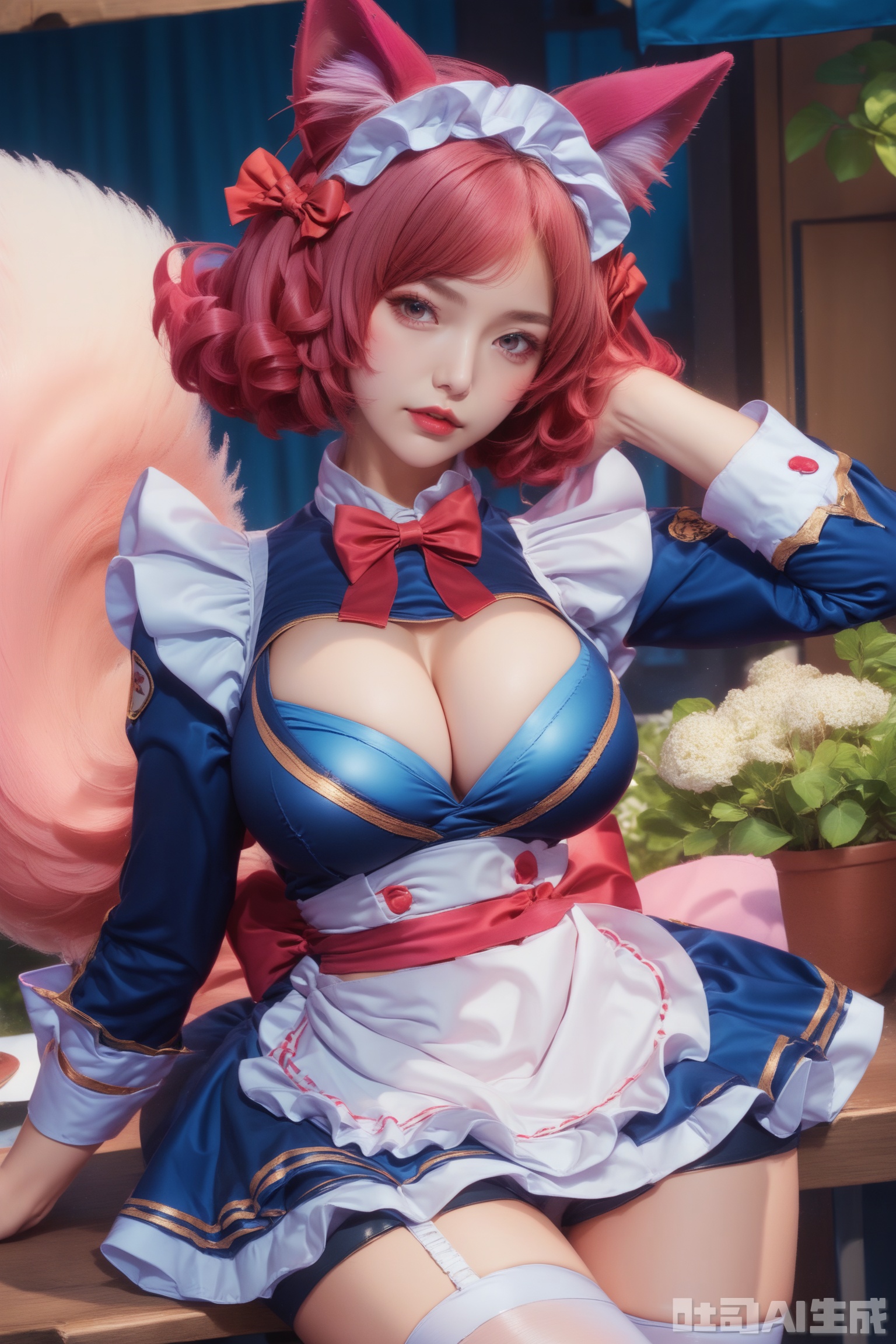 score_9,score_8_up,1girl, solo, breasts, looking at viewer, short hair, large breasts, thighhighs, long sleeves, dress, bow, animal ears, cleavage, pink hair, red hair, 
frill, cat ears, apron, red bow, white thighhighs, animal ear fluff, maid headdress, blue dress, bike shorts,  waist apron, white apron, realistic,