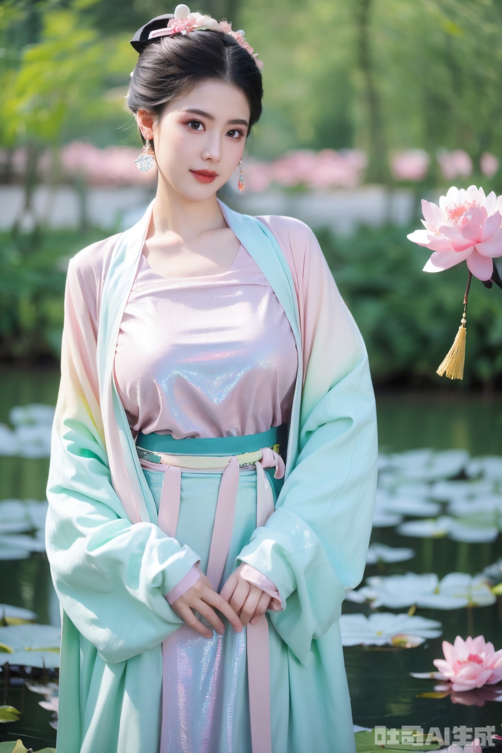 (masterpiece, best quality:1.2),1girl, navel, solo, midriff, bare shoulders, lantern, hair ornament, flower, hair flower, paper lantern, black hair, red lips,BREAK, (looking at viewer:1.23), chinese clothes,(Holographic pink-green dress:1.36), (Rainbow Gradient Color:1.29),BREAK,purple eyes,blurry, solo focus, long hair, lips, daytime, lipstick, outdoors, upper body, blurry,(huge breasts:1.48), background, solo, makeup, hair bun,Xyunxiao,(Peony,Blue sky,moon:1.39),(Lotus pond, ancient Chinese architecture:1.39), Yunxiao_Fairy, hanfu,Xsongzhihanfu,XyunxianY,Xqhcqipao
