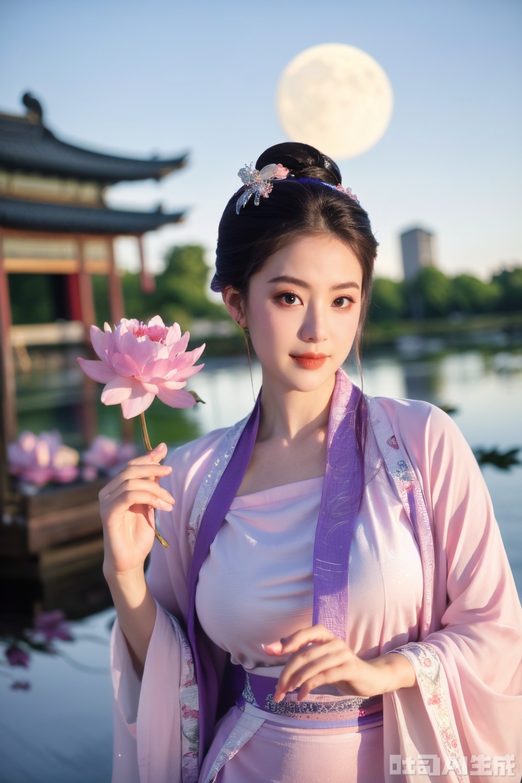 (masterpiece, best quality:1.2),1girl, navel, solo, midriff, bare shoulders, lantern, hair ornament, flower, hair flower, paper lantern, black hair, red lips,BREAK, (looking at viewer:1.23), chinese clothes,(Holographic pink-purple dress:1.36), (Rainbow Gradient Color:1.29),BREAK,purple eyes,blurry, solo focus, long hair, lips, daytime, lipstick, outdoors, upper body, blurry,(huge breasts:1.48), background, solo, makeup, hair bun,Xyunxiao,(Peony,Blue sky,moon:1.39),(Lotus pond, ancient Chinese architecture:1.39), Yunxiao_Fairy, hanfu,Xsongzhihanfu,XyunxianY,Xqhcqipao