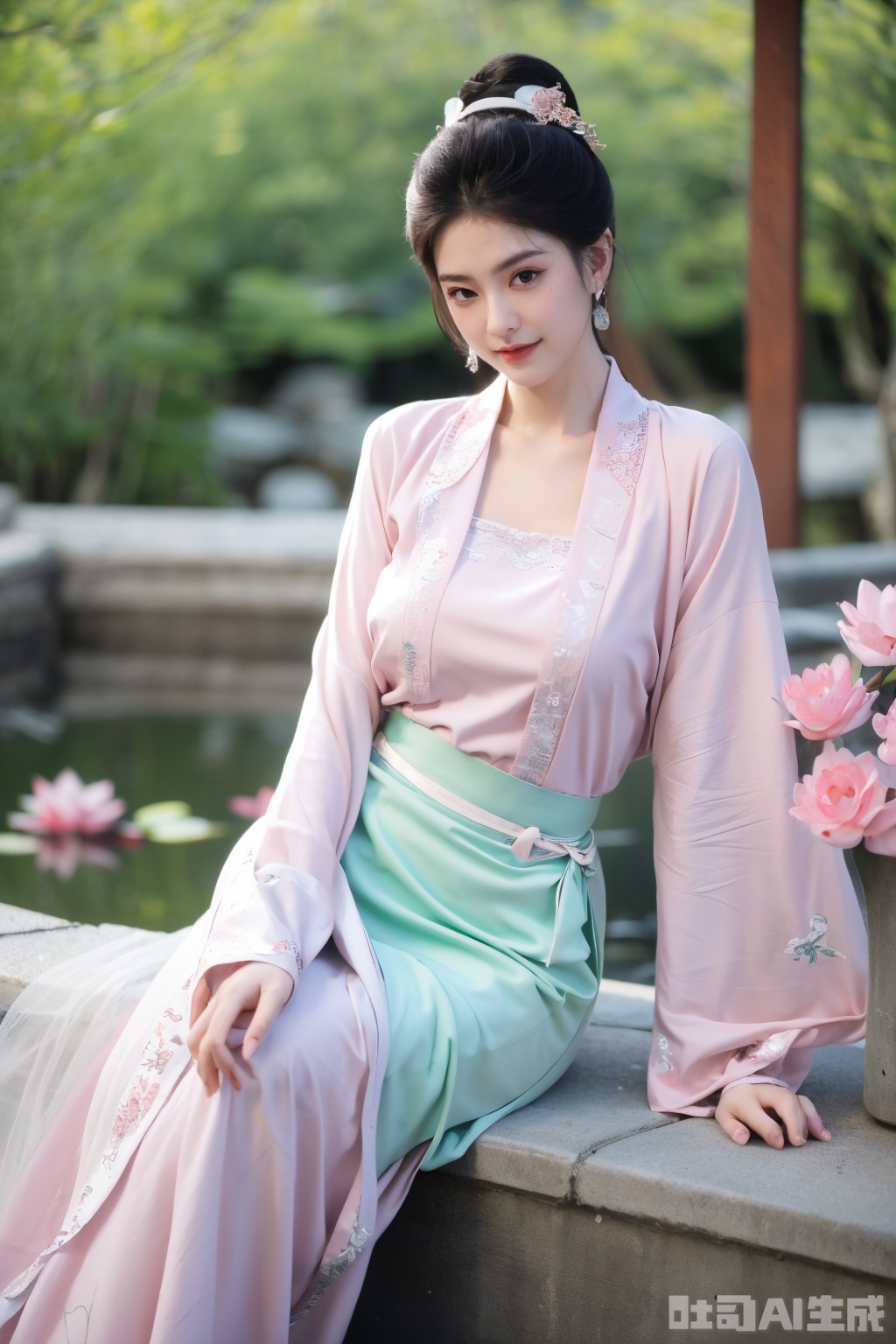  (1girl:1.1), (Lace pink-green skirt:1.39), on Stomach,aqua_earrings,Lights, lanterns, chang,(big breasts:1.56),hanfu, Best quality, Realistic, photorealistic, masterpiece, extremely detailed CG unity 8k wallpaper, best illumination, best shadow, huge filesize ,(huge breasts:1.59) incredibly absurdres, absurdres, looking at viewer, transparent, smog, gauze, vase, petals, room, ancient Chinese style, detailed background, wide shot background,
(((black hair))),(Sitting on the lotus pond porch:1.49) ,(A pond full of pink lotus flowers:1.5),close up of 1girl,Hairpins,hair ornament,hair wings,slim,narrow waist,perfect eyes,beautiful perfect face,pleasant smile,perfect female figure,detailed skin,charming,alluring,seductive,erotic,enchanting,delicate pattern,detailed complex and rich exquisite clothing detail,delicate intricate fabrics,
Morning Serenade In the gentle morning glow, (a woman in a pink lotus-patterned Hanfu stands in an indoor courtyard:1.36),(Chinese traditional dragon and phoenix embroidered Hanfu:1.3), admiring the tranquil garden scenery. The lotus-patterned Hanfu, embellished with silver-thread embroidery, is softly illuminated by the morning light. The light mint green Hanfu imparts a sense of calm and freshness, adorned with delicate lotus patterns, with a blurred background to enhance the peaceful atmosphere, song_hanfu, tang_hanfu, Yunxiao_Fairy,Xsongzhihanfu,XyunxianY,Xqhcqipao