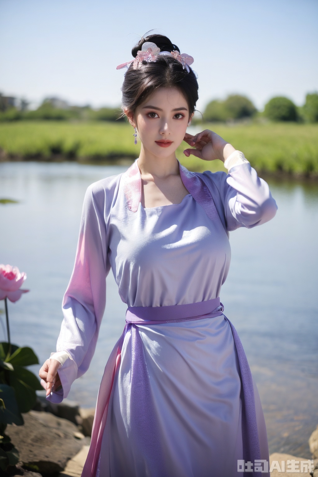 (masterpiece, best quality:1.2),1girl, navel, solo, midriff, bare shoulders, lantern, hair ornament, flower, hair flower, paper lantern, black hair, red lips,BREAK, (looking at viewer:1.23), chinese clothes,(Holographic pink-purple dress:1.36), (Rainbow Gradient Color:1.29),BREAK,purple eyes,blurry, solo focus, long hair, lips, daytime, lipstick, outdoors, upper body, blurry,(huge breasts:1.48), background, solo, makeup, hair bun,Xyunxiao,(Peony,Blue sky,moon:1.39),(Lotus pond, ancient Chinese architecture:1.39), Yunxiao_Fairy, hanfu,Xsongzhihanfu,XyunxianY,Xqhcqipao