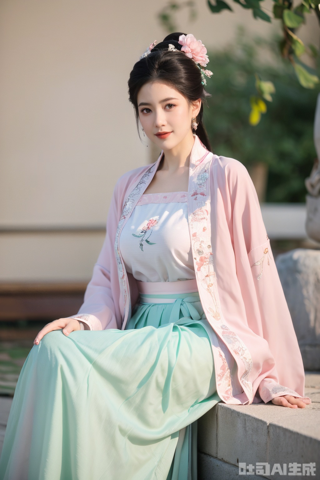  (1girl:1.1), (Lace pink-green skirt:1.39), on Stomach,aqua_earrings,Lights, lanterns, chang,(big breasts:1.56),hanfu, Best quality, Realistic, photorealistic, masterpiece, extremely detailed CG unity 8k wallpaper, best illumination, best shadow, huge filesize ,(huge breasts:1.59) incredibly absurdres, absurdres, looking at viewer, transparent, smog, gauze, vase, petals, room, ancient Chinese style, detailed background, wide shot background,
(((black hair))),(Sitting on the lotus pond porch:1.49) ,(A pond full of pink lotus flowers:1.5),close up of 1girl,Hairpins,hair ornament,hair wings,slim,narrow waist,perfect eyes,beautiful perfect face,pleasant smile,perfect female figure,detailed skin,charming,alluring,seductive,erotic,enchanting,delicate pattern,detailed complex and rich exquisite clothing detail,delicate intricate fabrics,
Morning Serenade In the gentle morning glow, (a woman in a pink lotus-patterned Hanfu stands in an indoor courtyard:1.36),(Chinese traditional dragon and phoenix embroidered Hanfu:1.3), admiring the tranquil garden scenery. The lotus-patterned Hanfu, embellished with silver-thread embroidery, is softly illuminated by the morning light. The light mint green Hanfu imparts a sense of calm and freshness, adorned with delicate lotus patterns, with a blurred background to enhance the peaceful atmosphere, song_hanfu, tang_hanfu, Yunxiao_Fairy,Xsongzhihanfu,XyunxianY,Xqhcqipao