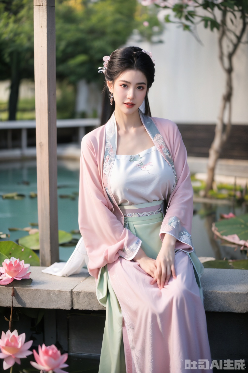  (1girl:1.1), (Lace pink-green skirt:1.39), on Stomach,aqua_earrings,Lights, lanterns, chang,(big breasts:1.56),hanfu, Best quality, Realistic, photorealistic, masterpiece, extremely detailed CG unity 8k wallpaper, best illumination, best shadow, huge filesize ,(huge breasts:1.59) incredibly absurdres, absurdres, looking at viewer, transparent, smog, gauze, vase, petals, room, ancient Chinese style, detailed background, wide shot background,
(((black hair))),(Sitting on the lotus pond porch:1.49) ,(A pond full of pink lotus flowers:1.5),close up of 1girl,Hairpins,hair ornament,hair wings,slim,narrow waist,perfect eyes,beautiful perfect face,pleasant smile,perfect female figure,detailed skin,charming,alluring,seductive,erotic,enchanting,delicate pattern,detailed complex and rich exquisite clothing detail,delicate intricate fabrics,
Morning Serenade In the gentle morning glow, (a woman in a pink lotus-patterned Hanfu stands in an indoor courtyard:1.36),(Chinese traditional dragon and phoenix embroidered Hanfu:1.3), admiring the tranquil garden scenery. The lotus-patterned Hanfu, embellished with silver-thread embroidery, is softly illuminated by the morning light. The light mint green Hanfu imparts a sense of calm and freshness, adorned with delicate lotus patterns, with a blurred background to enhance the peaceful atmosphere, song_hanfu, tang_hanfu, Yunxiao_Fairy,Xsongzhihanfu,XyunxianY,Xqhcqipao