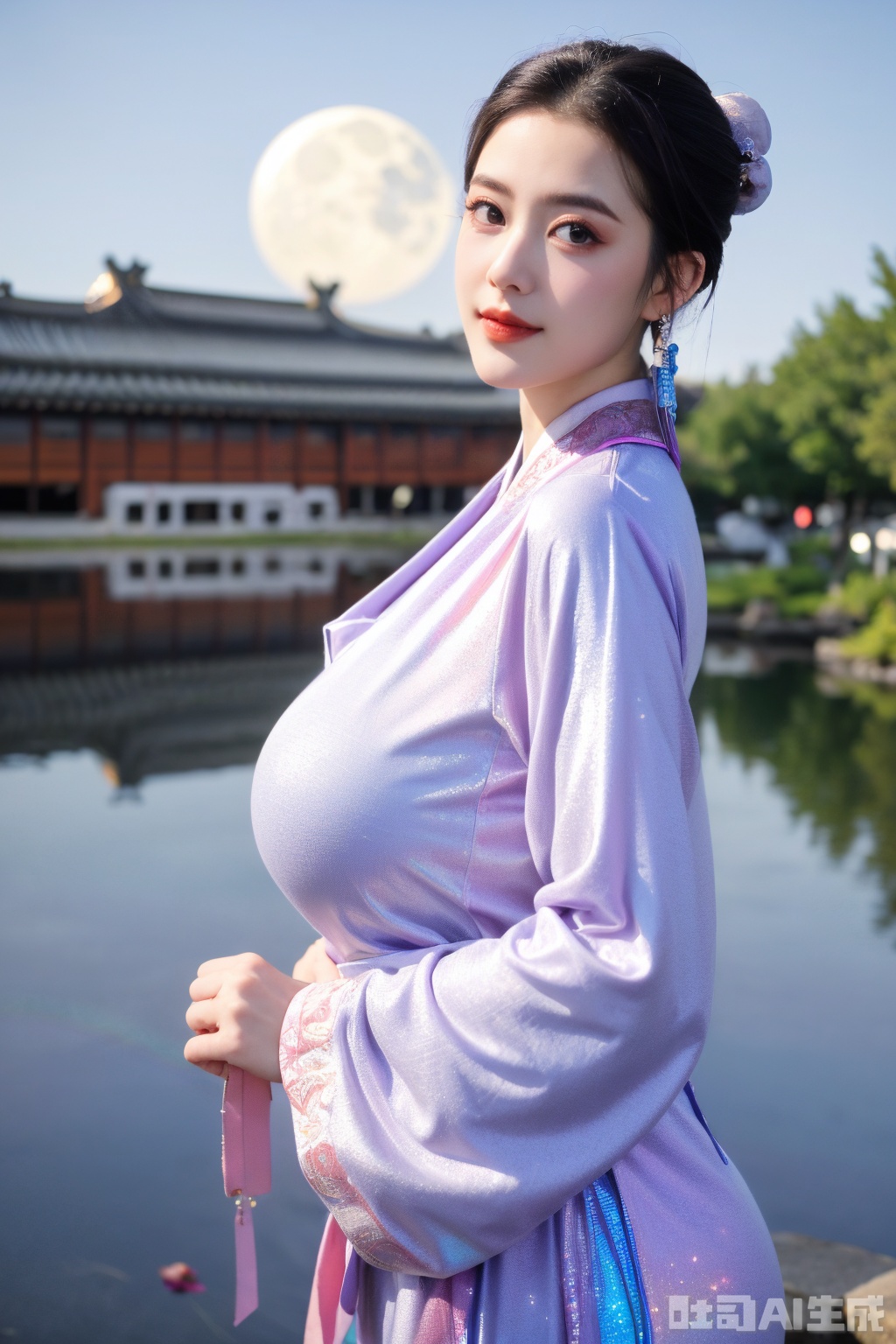 (masterpiece, best quality:1.2),1girl, navel, solo, midriff, bare shoulders, lantern, hair ornament, flower, hair flower, paper lantern, black hair, red lips,BREAK, (looking at viewer:1.23), chinese clothes,(Holographic pink-purple dress:1.36), (Rainbow Gradient Color:1.29),BREAK,purple eyes,blurry, solo focus, long hair, lips, daytime, lipstick, outdoors, upper body, blurry,(huge breasts:1.48), background, solo, makeup, hair bun,Xyunxiao,(Peony,Blue sky,moon:1.39),(Lotus pond, ancient Chinese architecture:1.39), Yunxiao_Fairy, hanfu,Xsongzhihanfu,XyunxianY,Xqhcqipao