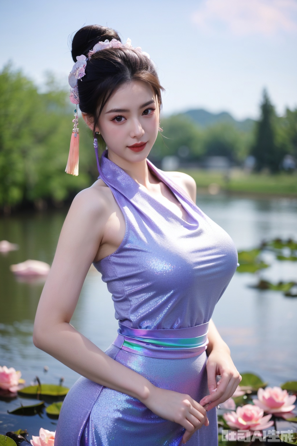 (masterpiece, best quality:1.2),1girl, navel, solo, midriff, bare shoulders, lantern, hair ornament, flower, hair flower, paper lantern, black hair, red lips,BREAK, (looking at viewer:1.23), chinese clothes,(Holographic pink-purple dress:1.36), (Rainbow Gradient Color:1.29),BREAK,purple eyes,blurry, solo focus, long hair, lips, daytime, lipstick, outdoors, upper body, blurry,(huge breasts:1.48), background, solo, makeup, hair bun,Xyunxiao,(Peony,Blue sky,moon:1.39),(Lotus pond, ancient Chinese architecture:1.39), Yunxiao_Fairy, hanfu,Xsongzhihanfu,XyunxianY,Xqhcqipao
