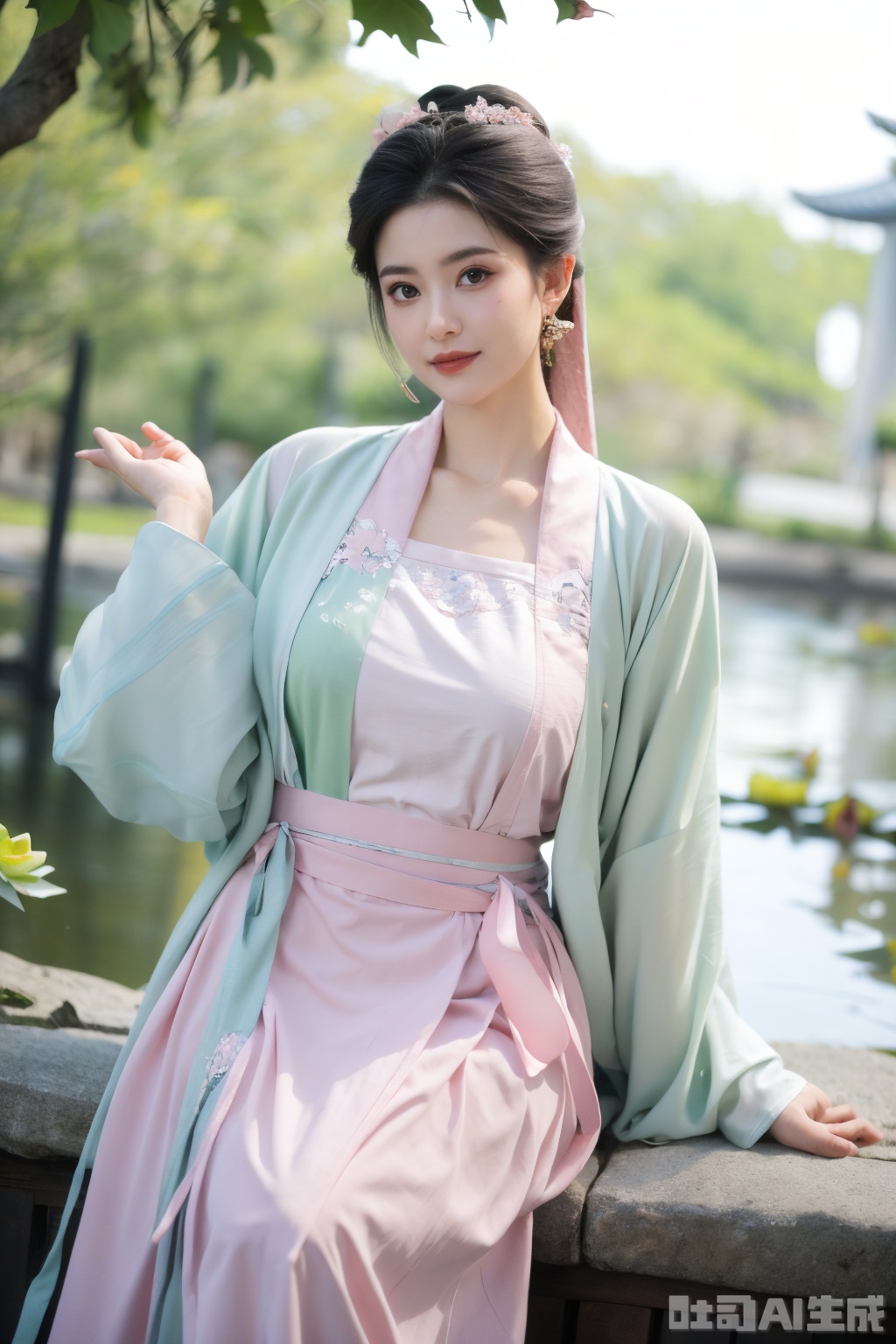  (1girl:1.1), (Lace pink-green skirt:1.39), on Stomach,aqua_earrings,Lights, lanterns, chang,(big breasts:1.56),hanfu, Best quality, Realistic, photorealistic, masterpiece, extremely detailed CG unity 8k wallpaper, best illumination, best shadow, huge filesize ,(huge breasts:1.59) incredibly absurdres, absurdres, looking at viewer, transparent, smog, gauze, vase, petals, room, ancient Chinese style, detailed background, wide shot background,
(((black hair))),(Sitting on the lotus pond porch:1.49) ,(A pond full of pink lotus flowers:1.5),close up of 1girl,Hairpins,hair ornament,hair wings,slim,narrow waist,perfect eyes,beautiful perfect face,pleasant smile,perfect female figure,detailed skin,charming,alluring,seductive,erotic,enchanting,delicate pattern,detailed complex and rich exquisite clothing detail,delicate intricate fabrics,
Morning Serenade In the gentle morning glow, (a woman in a pink lotus-patterned Hanfu stands in an indoor courtyard:1.36),(Chinese traditional dragon and phoenix embroidered Hanfu:1.3), admiring the tranquil garden scenery. The lotus-patterned Hanfu, embellished with silver-thread embroidery, is softly illuminated by the morning light. The light mint green Hanfu imparts a sense of calm and freshness, adorned with delicate lotus patterns, with a blurred background to enhance the peaceful atmosphere, song_hanfu, tang_hanfu, Yunxiao_Fairy,Xsongzhihanfu,XyunxianY,Xqhcqipao