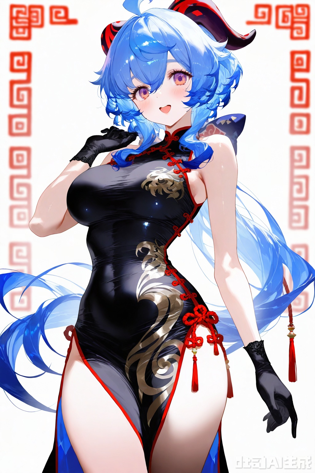 1girl, ganyu \(genshin impact\), breasts, dress, horns, solo, long hair, blue hair, large breasts, gloves, black dress, purple eyes, looking at viewer, china dress, sleeveless, smile, bare shoulders, black gloves, sleeveless dress, goat horns, open mouth, thighs, chinese clothes, white background, taut clothes, alternate costume, taut dress, simple background, blush, hand up, ahoge, print dress, cowboy shot