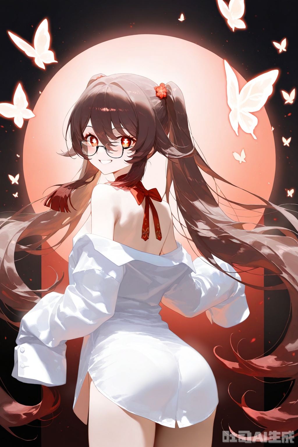 1girl, hu tao \(genshin impact\), brown hair, solo, smile, long hair, glasses, looking at viewer, red eyes, symbol-shaped pupils, shirt, flower-shaped pupils, white shirt, butterfly, ass, very long hair, grin, off shoulder, bug, sleeves past fingers, bespectacled, sleeves past wrists, long sleeves, twintails, cowboy shot, from behind, looking back, multicolored hair