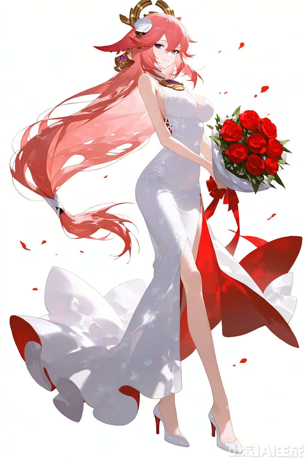 1girl, yae miko, long hair, solo, dress, flower, full body, white dress, pink hair, white footwear, breasts, animal ears, purple eyes, bouquet, fox ears, red flower, holding, white background, hair ornament, smile, looking at viewer, very long hair, simple background, sleeveless, holding bouquet, bare shoulders, high heels, rose, wedding dress, hair between eyes, side slit, long dress, floppy ears, alternate costume, standing, sleeveless dress, red rose, hair flower, white flower, large breasts