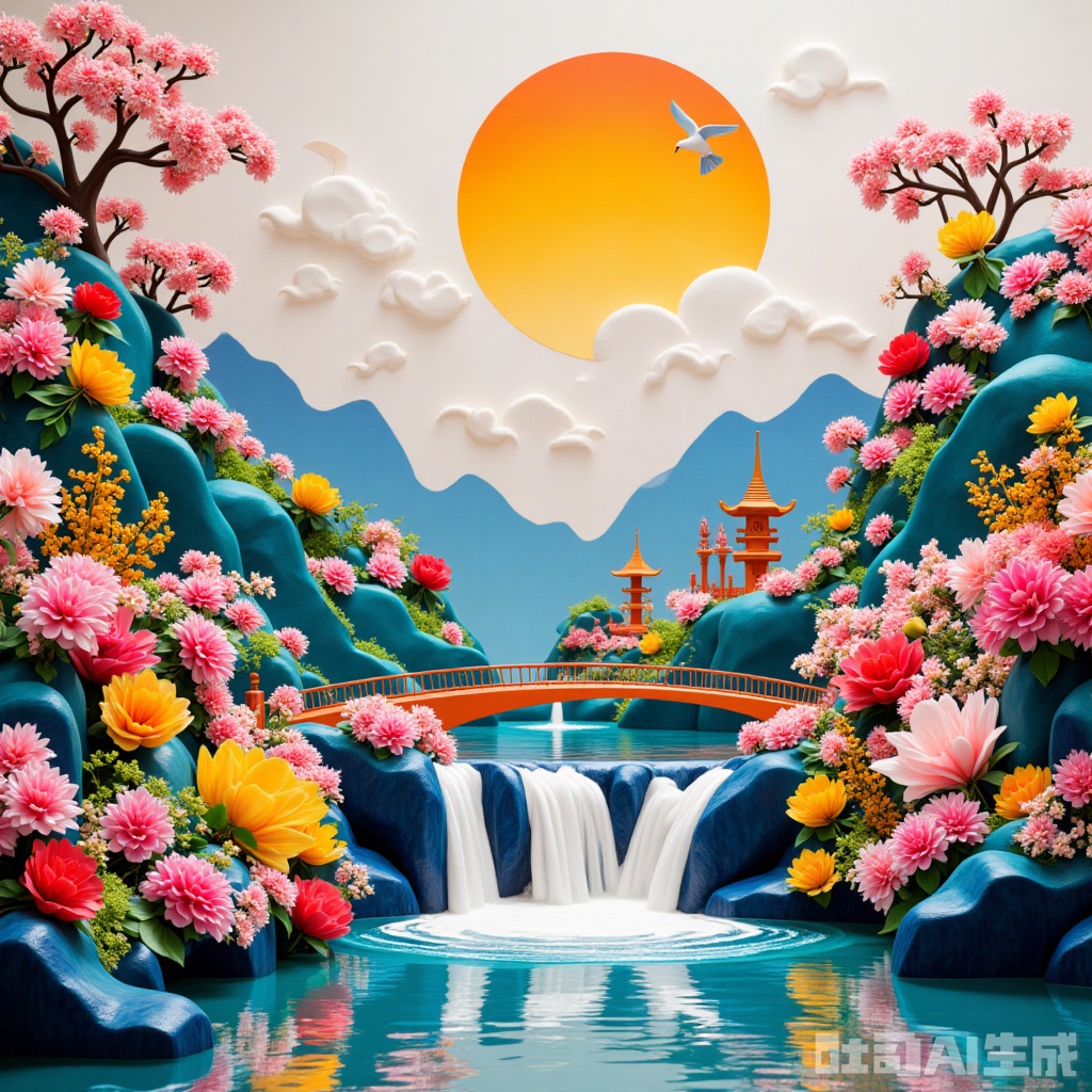 Best quality,8k,cg,falls,flowers,Sun,mountain,seagull,bridge, Chinese ancientpaintings,山水如画,荷塘月色,雪景,恬静女孩,Origami art,Traditional texture,Underwater city,Future City,Colorful,Relief art,Pop art