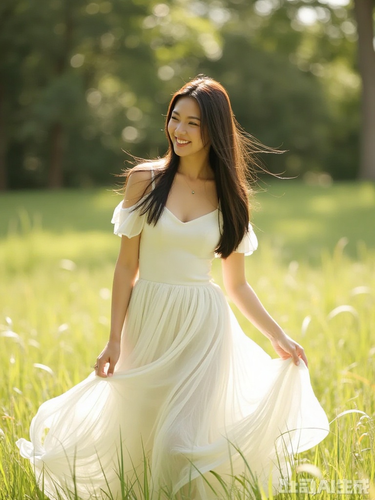 xrxzosas,A young Asian woman with long, straight hair, wearing a white off-shoulder top and a flowing maxi skirt. She is twirling in a field of tall grass, with a joyful smile on her face. The sunlight filters through the trees, creating a magical glow.