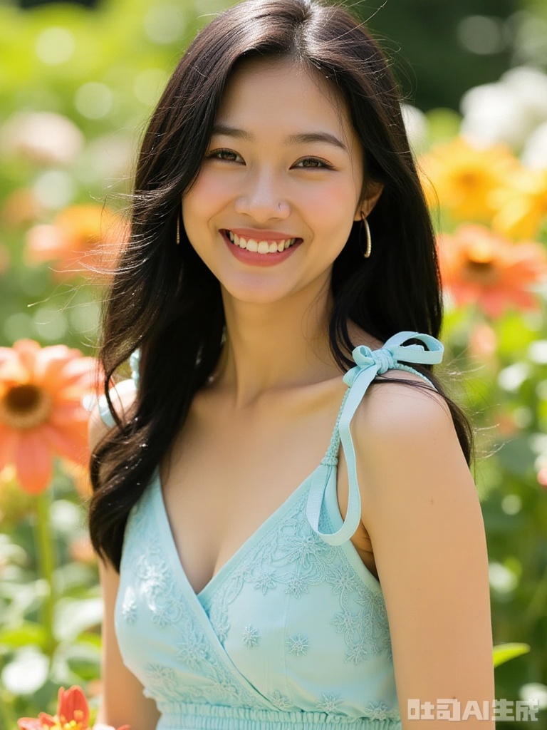 xrxzosas,A young Asian woman with wavy black hair, wearing a light blue sundress with floral patterns. She is smiling brightly, standing in a sunlit garden filled with blooming flowers. The background is vibrant and colorful, creating a cheerful atmosphere.