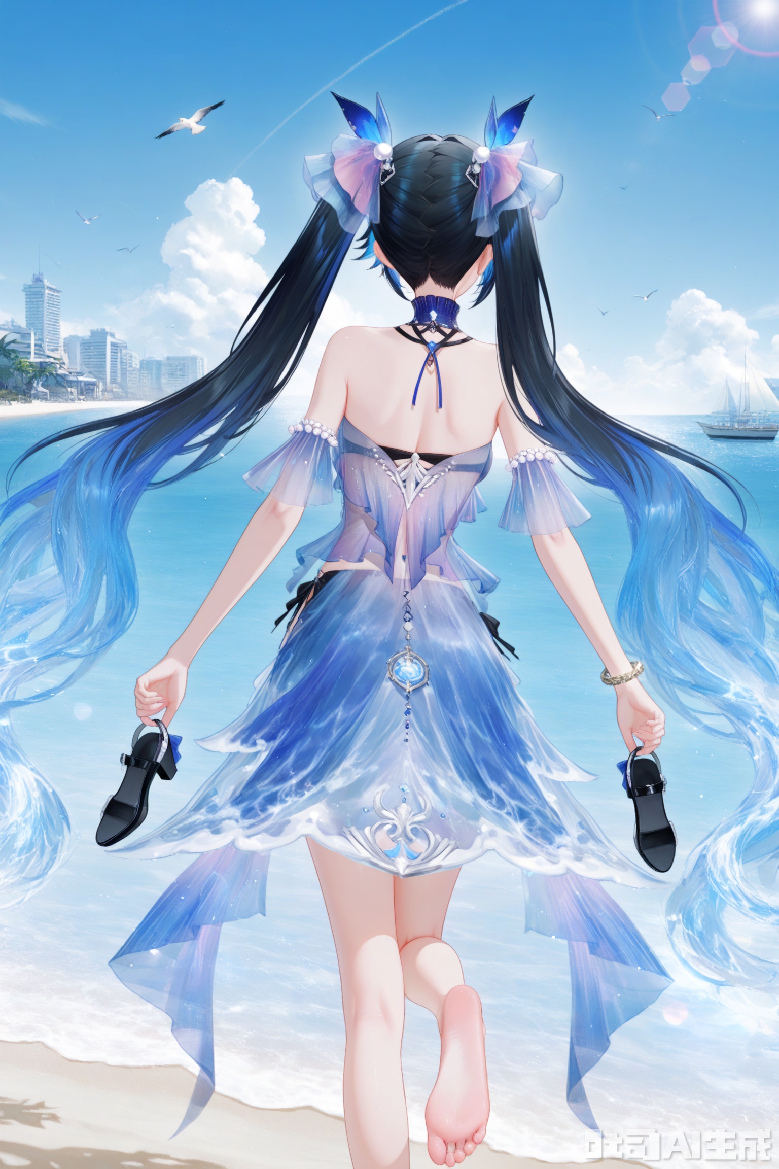 lucia,1girl, solo, long hair, breasts, black hair,red eyes,hair ornament, dress, bare shoulders, twintails, jewelry, very long hair, blue hair, multicolored hair,see through,depth of field, light particles, lens flare, masterpiece,best quality,((artist:reoen),(artist:fuzichoco),(artist:atdan),(artist:torino_aqua:0.5),year 2024:0.5),(artist:omone_hokoma_agm:0.8), 2d, anime,scenery, watercraft, outdoors,  boat, sky, cloud, day, bird, ocean, building, blue sky, water, blue theme,standing,from behind,gentle smile,open mouth,looking back,happy,looking at viewer,reach out,perfect hands,holding sandal,spread arms,on one leg,leg up,soles,barefoot,on beach,seaside,detailed water,inviting viewer,good_hands