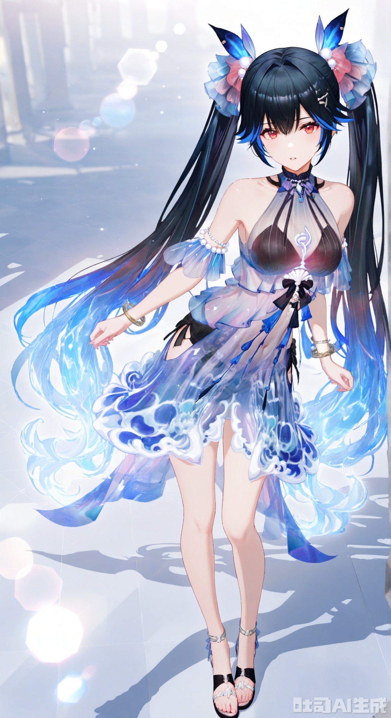 lucia,1girl, solo, long hair, breasts, looking at viewer, black hair, hair ornament, red eyes, dress, bare shoulders, twintails, jewelry, very long hair, blue hair, standing, full body, multicolored hair,see-through, sandals,bare legs,gentle expression,parted lips,depth of field, light particles, lens flare, masterpiece,best quality,((artist:reoen),(artist:fuzichoco),(artist:atdan),(artist:torino_aqua:0.5),year 2024:0.5),(artist:omone_hokoma_agm:0.8), 2d, anime,from above