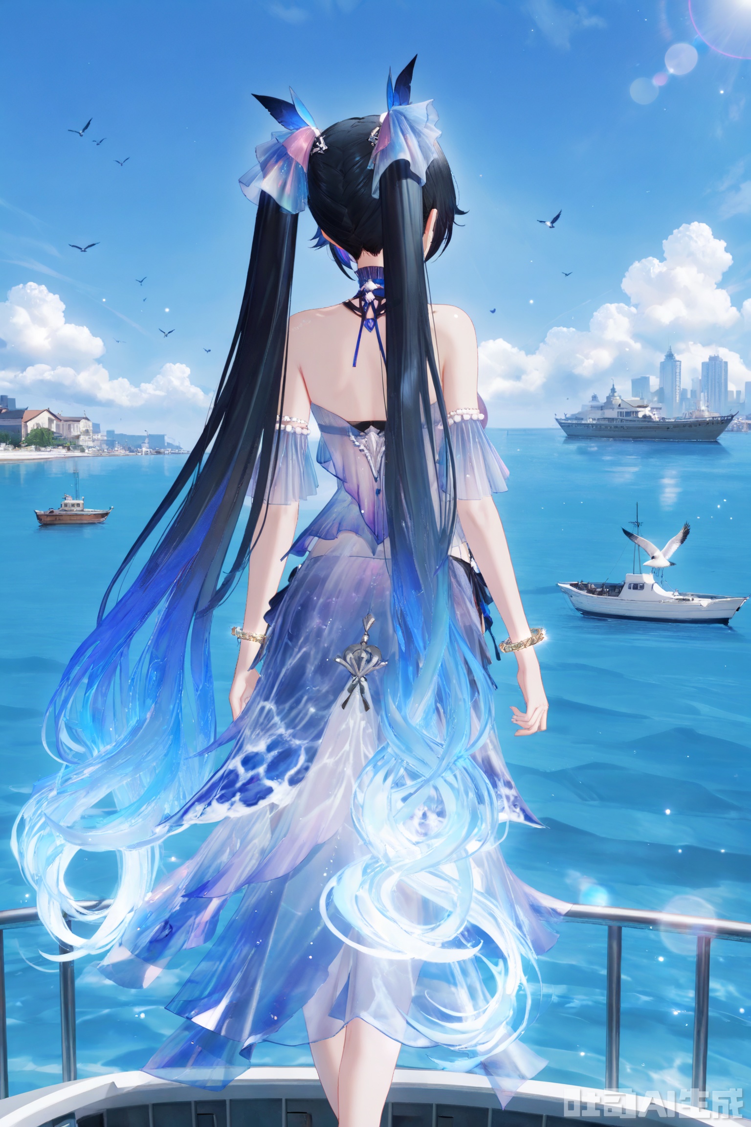 lucia,1girl, solo, long hair, breasts, black hair, hair ornament, dress, bare shoulders, twintails, jewelry, very long hair, blue hair, multicolored hair,see through,depth of field, light particles, lens flare, masterpiece,best quality,((artist:reoen),(artist:fuzichoco),(artist:atdan),(artist:torino_aqua:0.5),year 2024:0.5),(artist:omone_hokoma_agm:0.8), 2d, anime,scenery, watercraft, outdoors,  boat, sky, cloud, day, bird, ocean, building, blue sky, water, blue theme,standing,from behind,