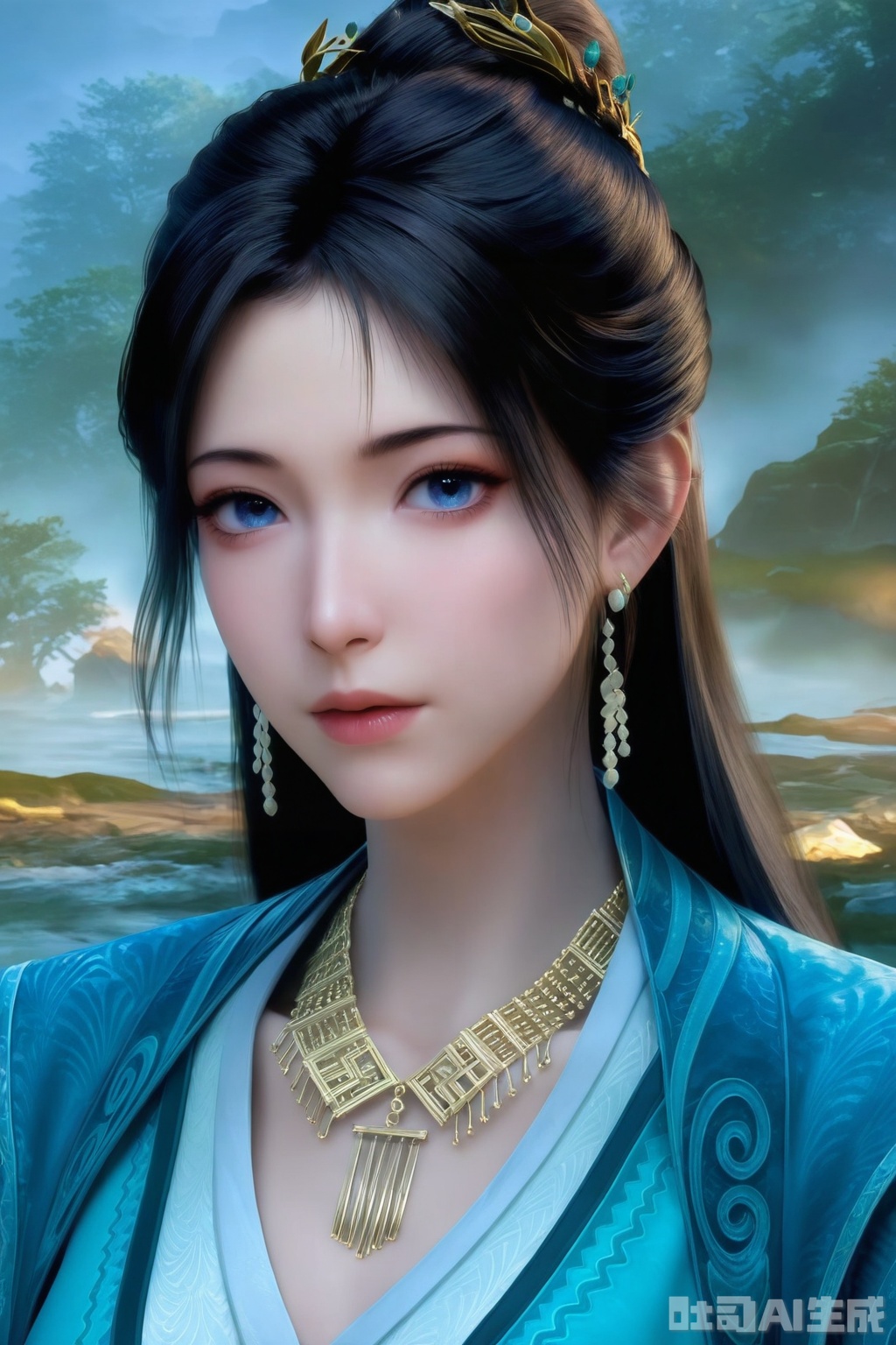1girl, solo, blue eyes, black hair, hair ornament, jewelry, earrings, necklace, looking_at_viewer, realistic,
masterpiece, best quality, amazing quality, very aesthetic, high resolution, ultra-detailed, 