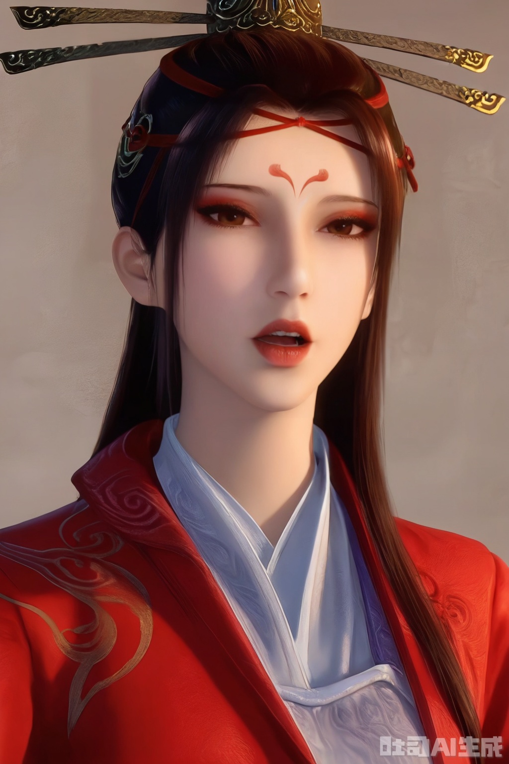 1girl, solo, long hair, looking at viewer, open mouth, brown hair, black hair, hair ornament, brown eyes, upper body, parted lips, teeth, lips, makeup, facial mark, chinese clothes, forehead mark, red lips, hair stick, realistic,
masterpiece, best quality, amazing quality, very aesthetic, high resolution, ultra-detailed, 
