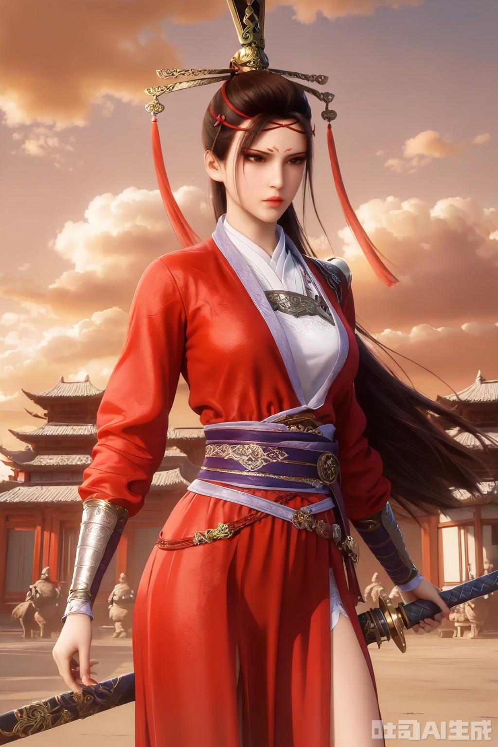 1girl, solo, long hair, brown hair, black hair, hair ornament, red dress,long sleeves, holding, brown eyes, jewelry, closed mouth, standing, weapon, outdoors, sky, sword, cloud, holding weapon, lips, sash, holding sword, sheath, architecture, east asian architecture, realistic,
masterpiece, best quality, amazing quality, very aesthetic, high resolution, ultra-detailed, 