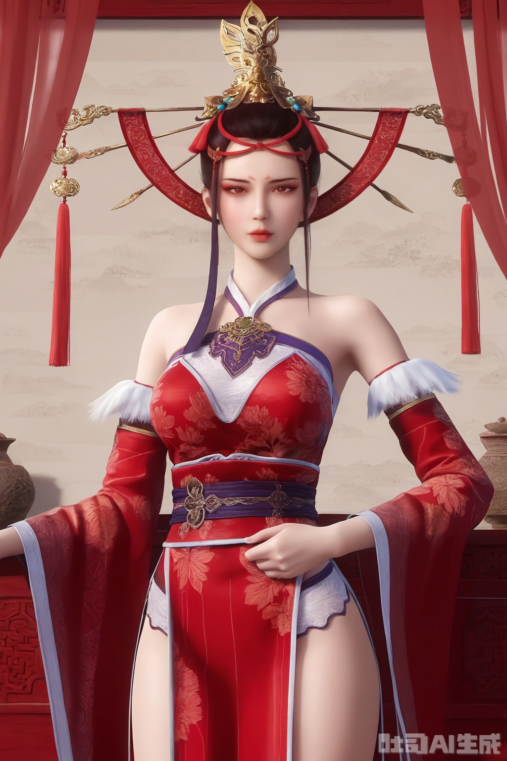 1girl, solo, looking at viewer, hair ornament, dress, bare shoulders, standing, detached sleeves, chinese clothes, red dress, realistic,
masterpiece, best quality, amazing quality, very aesthetic, high resolution, ultra-detailed, 