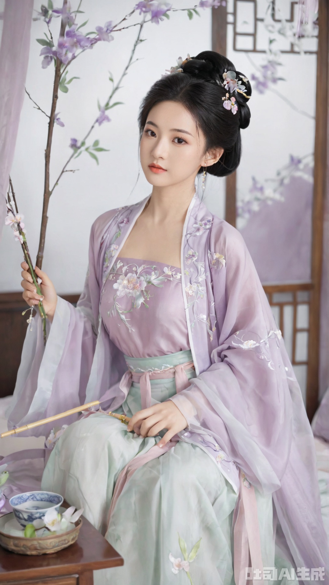  1girl, solo, long hair, breasts, black hair,Hairpins,necklace, hair ornament, dress, cleavage, full body, flower, earrings, indoors, hair bun, (light purple dress1:1), pillow, bed, night, chinese clothes, table, branch,daxiushan, ,daxiushan style,(huge and full breasts:1.6), (full breasts), realistic,hanfu, daxiushan,Shoulders are exposed, , daxiushan, arien_hanfu,Xsonghanfu,Xweijinfenghanfu,Xhulianxin