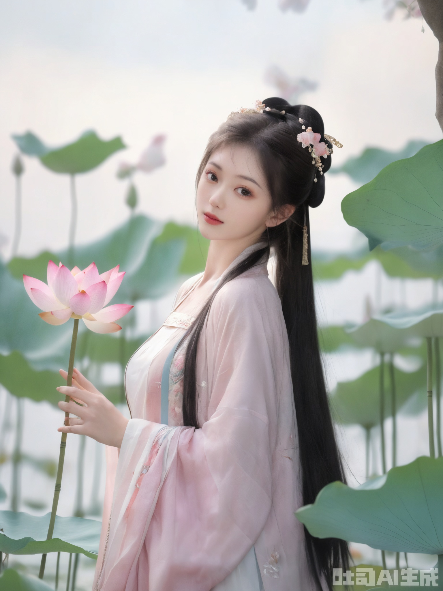  Best quality, Realistic, photorealistic, masterpiece, extremely detailed CG unity 8k wallpaper, best illumination, best shadow, huge filesize ,(huge breasts:2.2), incredibly absurdres, absurdres, looking at viewer, transparent, smog, gauze, vase, petals, room, ancient Chinese style, detailed background, wide shot background,
(((1gilr,black hair))),(Sitting on the lotus pond porch:1.39) ,(huge breasts:2.3),(A pond full of pink lotus flowers:1.3),close up of 1girl,Hairpins,hair ornament,hair wings,slim,narrow waist,(huge breasts:2.33),perfect eyes,beautiful perfect face,pleasant smile,perfect female figure,detailed skin,charming,alluring,seductive,erotic,enchanting,delicate pattern,detail,delicate intricate fabrics,
Morning Serenade In the gentle morning glow, (a woman in a pink lotus-patterned Hanfu stands in an indoor courtyard:1.26),admiring the tranquil garden scenery. The lotus-patterned Hanfu, embellished with silver-thread embroidery, is softly illuminated by the morning light, with a blurred background to enhance the peaceful atmosphere,(huge breasts:2.39), monkren, MAJICMIX STYLE,Xsonghanfu,Xweijinfenghanfu