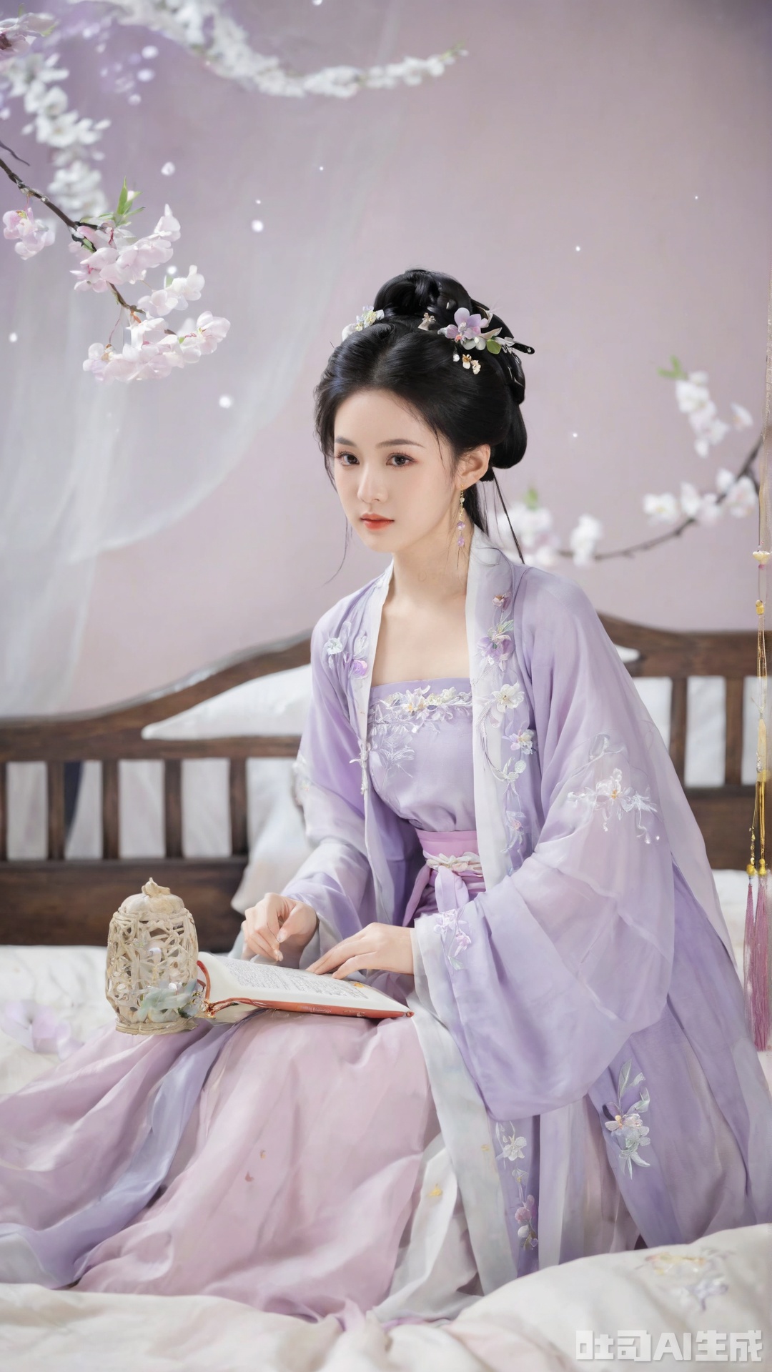  1girl, solo, long hair, breasts, black hair,Hairpins,necklace, hair ornament, dress, cleavage, full body, flower, earrings, indoors, hair bun, (light purple dress1:1), pillow, bed, night, chinese clothes, table, branch,daxiushan, ,daxiushan style,(huge and full breasts:1.6), (full breasts), realistic,hanfu, daxiushan,Shoulders are exposed, , daxiushan, arien_hanfu,Xsonghanfu,Xweijinfenghanfu,Xhulianxin