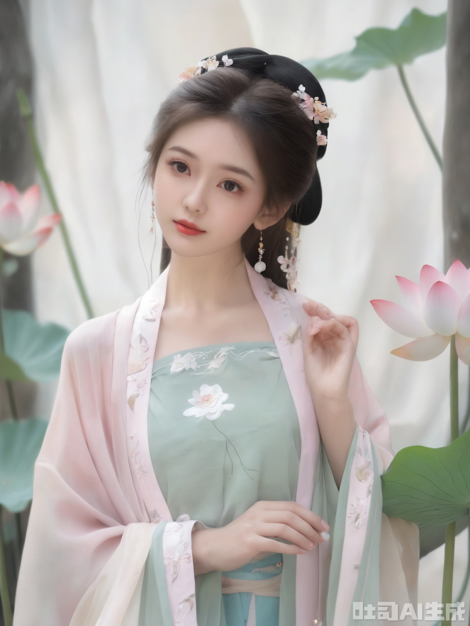  Best quality, Realistic, photorealistic, masterpiece, extremely detailed CG unity 8k wallpaper, best illumination, best shadow, huge filesize ,(huge breasts:2.2), incredibly absurdres, absurdres, looking at viewer, transparent, smog, gauze, vase, petals, room, ancient Chinese style, detailed background, wide shot background,
(((1gilr,black hair))),(Sitting on the lotus pond porch:1.39) ,(huge breasts:2.3),(A pond full of pink lotus flowers:1.3),close up of 1girl,Hairpins,hair ornament,hair wings,slim,narrow waist,(huge breasts:2.33),perfect eyes,beautiful perfect face,pleasant smile,perfect female figure,detailed skin,charming,alluring,seductive,erotic,enchanting,delicate pattern,detail,delicate intricate fabrics,
Morning Serenade In the gentle morning glow, (a woman in a pink lotus-patterned Hanfu stands in an indoor courtyard:1.26),admiring the tranquil garden scenery. The lotus-patterned Hanfu, embellished with silver-thread embroidery, is softly illuminated by the morning light, with a blurred background to enhance the peaceful atmosphere,(huge breasts:2.39), monkren, MAJICMIX STYLE,Xsonghanfu,Xweijinfenghanfu