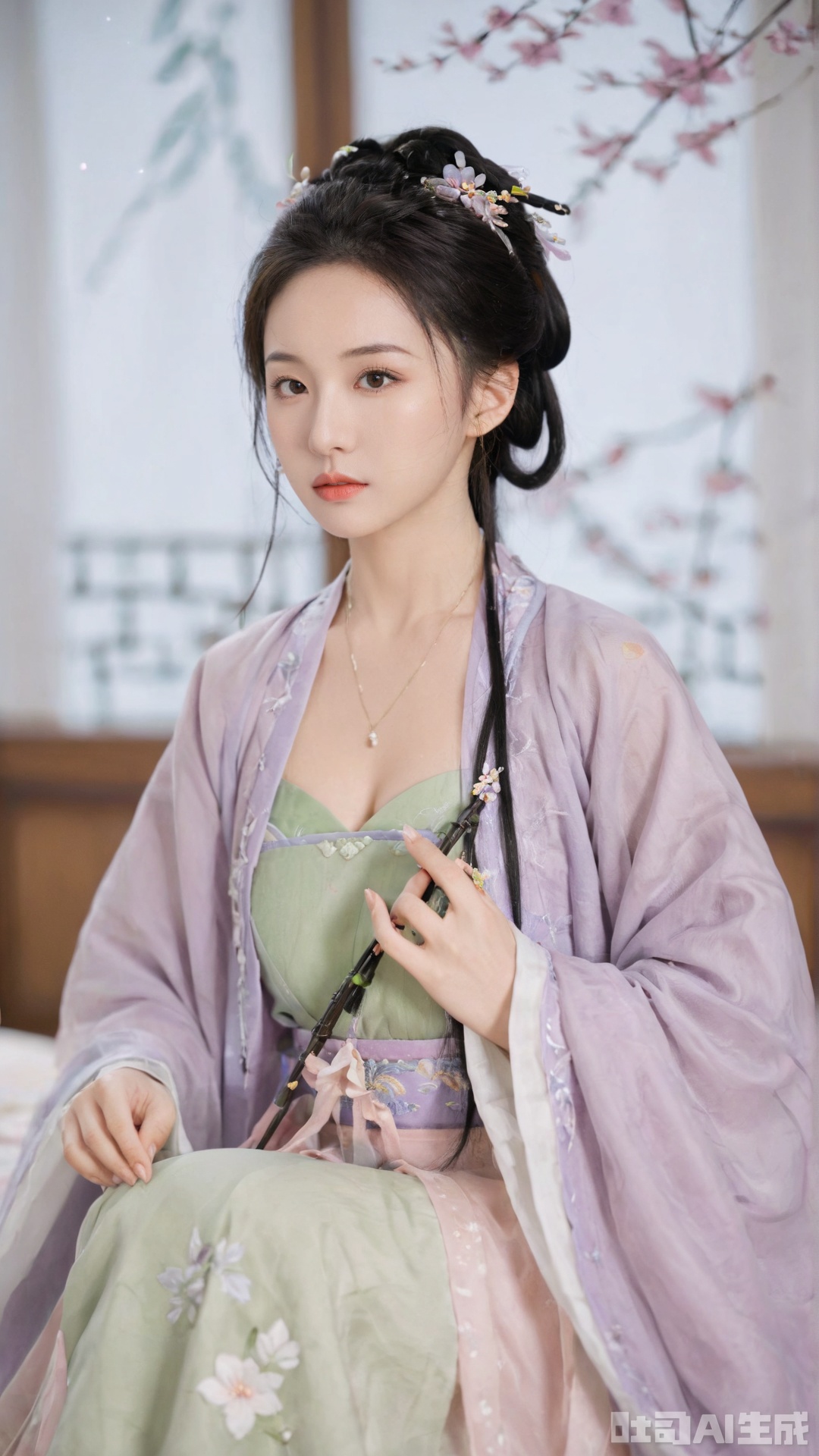  1girl, solo, long hair, breasts, black hair,Hairpins,necklace, hair ornament, dress, cleavage, full body, flower, earrings, indoors, hair bun, (light purple dress1:1), pillow, bed, night, chinese clothes, table, branch,daxiushan, ,daxiushan style,(huge and full breasts:1.6), (full breasts), realistic,hanfu, daxiushan,Shoulders are exposed, , daxiushan, arien_hanfu,Xsonghanfu,Xweijinfenghanfu,Xhulianxin
