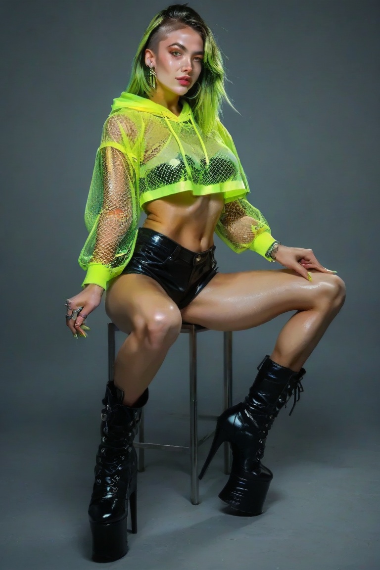 mesh cropped hoodie over a bralette top and matching short shorts,  revealing their midriff. Their most striking accessori...