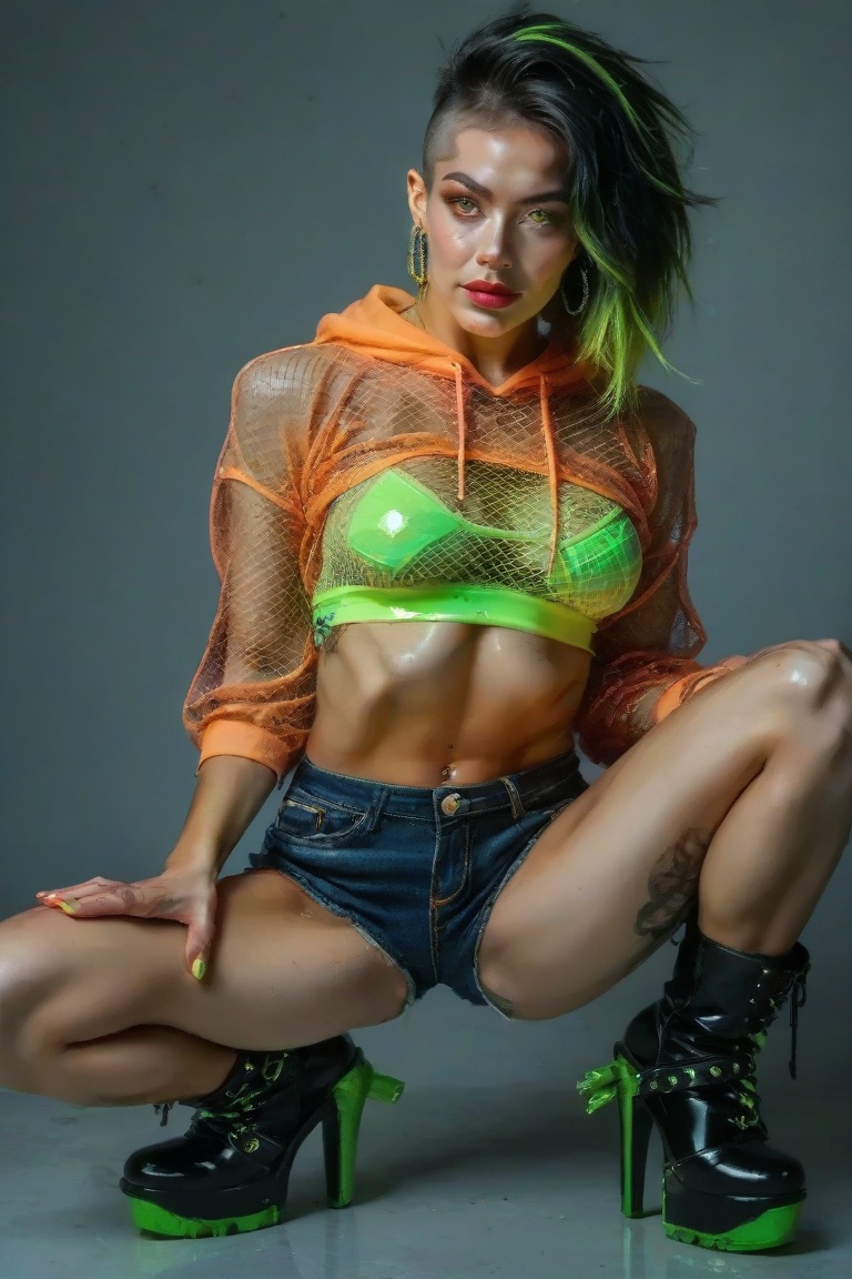 mesh cropped hoodie over a bralette top and matching short shorts,  revealing their midriff. Their most striking accessori...