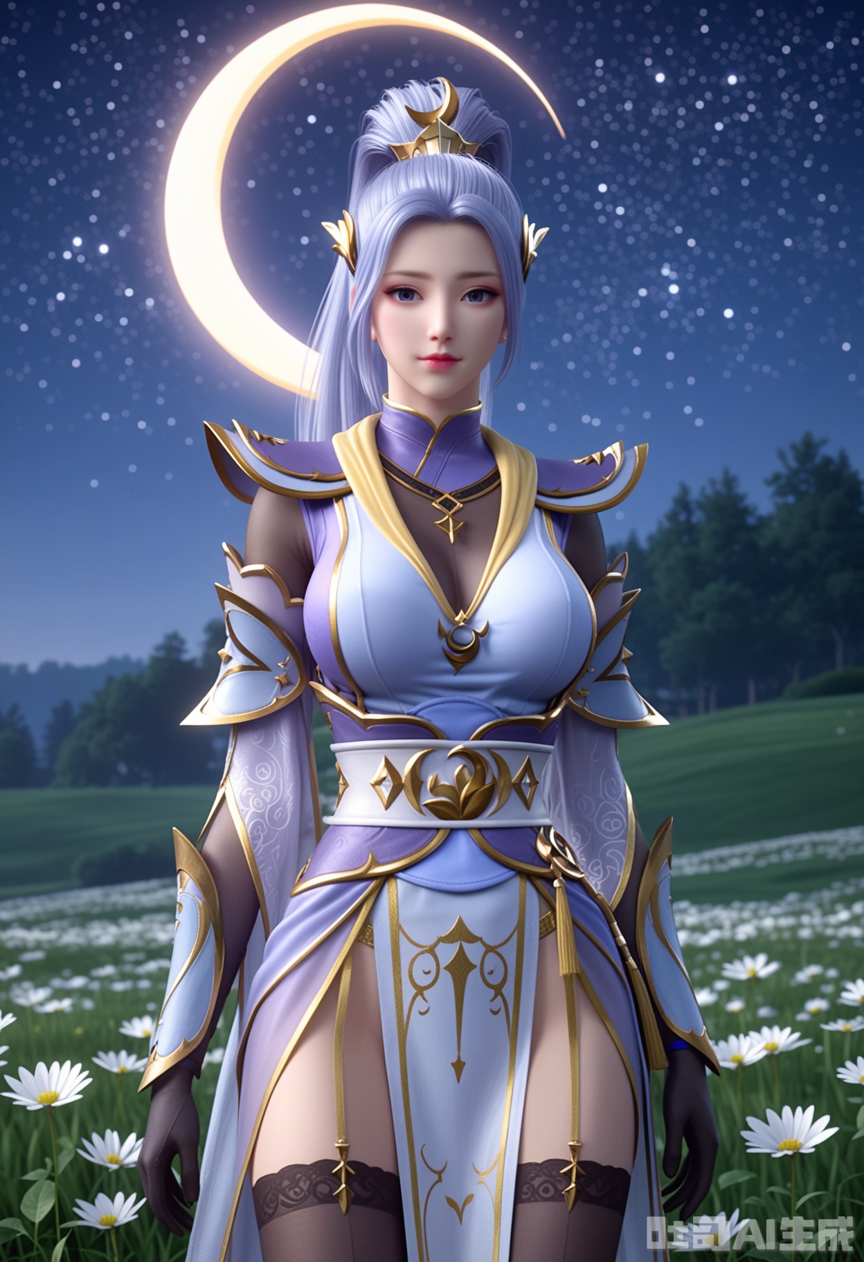 score_9,score_8_up,score_7_up,highly detailed,ultra-high best quality,masterpiece,realistic,ultra-fine painting,extreme detail description,Professional,Vivid Colors,(((extremely detailed CG unity 8k wallpaper))),an extremely delicate and beautiful,official art,sweet and delicate girl,delicate facial features,perfect bright figure,surrounded,Bright,romantic long hair,natural light,warm and sweet,a girl,
hanyue,
1girl,solo,long hair,blue hair,high ponytail,hair ornament,crescent,(crescent hair ornament),shoulder armor,chinese clothes,(black_gloves),pelvic curtain,black thighhighs,
(in a meadow:1.3),(night:1.2),(stars:1.3),((perfect legs:1.2)),(large breasts:1.2),
