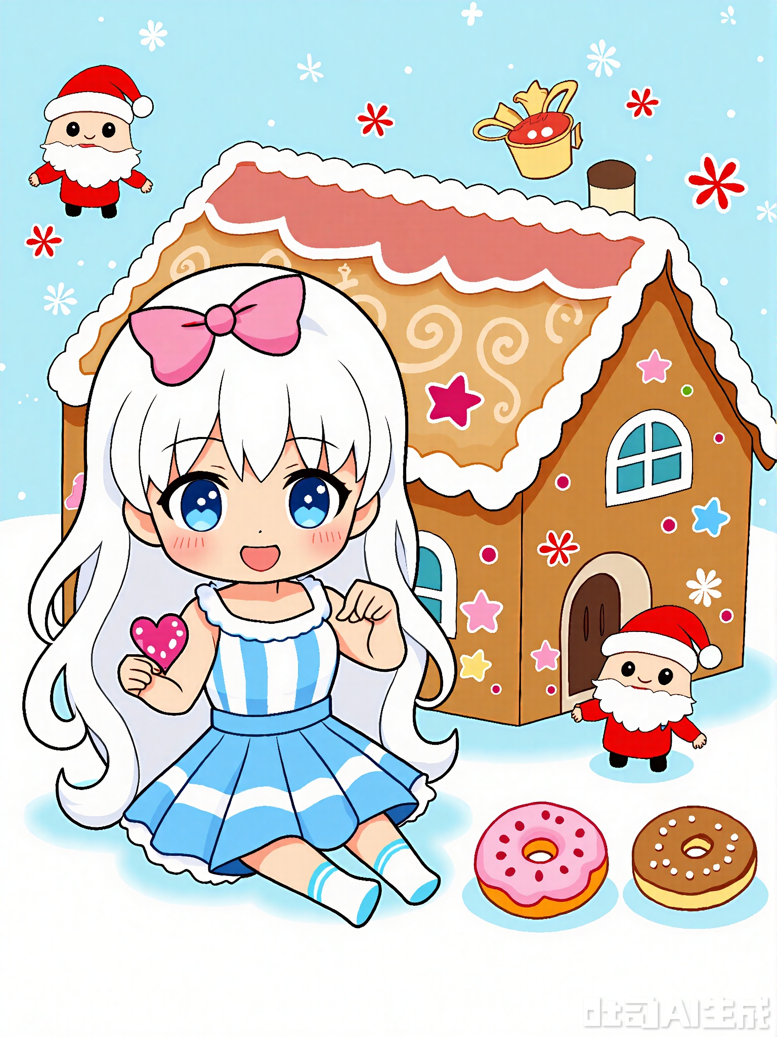 Cute watercolor illustration avatar_Smoke last month, this picture depicts a fantasy scene with a young girl in the center. She has long white hair and a pink bow on her head. Her eyes are big and round and her eyelashes are thick, giving people a playful feeling. She wore a blue and white striped skirt with light blue socks and white shoes. She sat next to a huge gingerbread house decorated with icing and with various decorations such as snowflakes, stars, and items that look like candy. The house also has a window and door, with a small red Christmas hat hanging on it, suggesting a festive theme. Around the gingerbread house, there are two images similar to Santa, one on the left and the other on the right, both wearing red hats. The girl was holding a heart-shaped candy in her hand and a pink donut next to it. The overall atmosphere is warm and joyful, with the background being soft blue and white, adding to the winter festival feel.