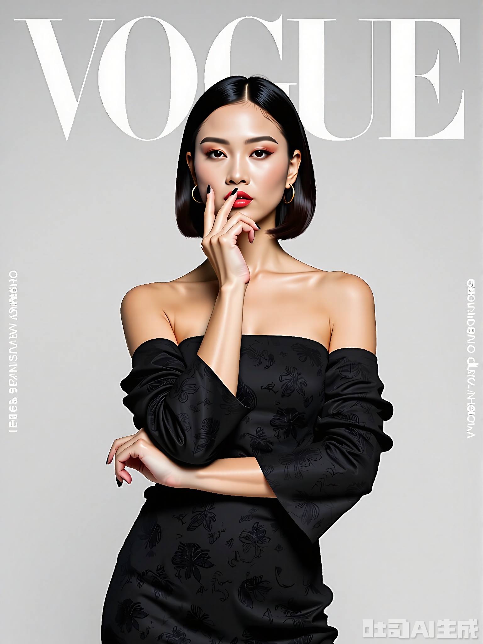Fashion magazine cover, close-up shot, up close shot, Oriental beauty, empty inspiration, flat illustration, a fashionable woman, standing in front of the cover text of the fashion magazine graceful sexy pose, white cover text, decorated with gorgeous patterns and beautiful lines, slim-fit, etc. , deconstructs minimalist line drawings. Fractal art effects, Dolce and Gabbana and Balenciaga Haute Couture, (sunglasses), Super ambient fashion posters,

