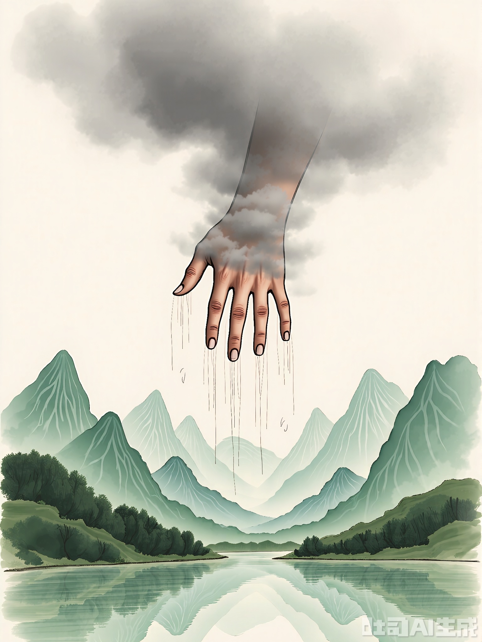 A huge hand appeared in the air, with the palm facing downward, like the hand of a god. The palm is filled with clouds and mist and the fingertips flowing out of the rain, which symbolizes the grace of extraordinary power to the earth. Chinese illustrations, green mountains and green waters, in the form of ink paintings,