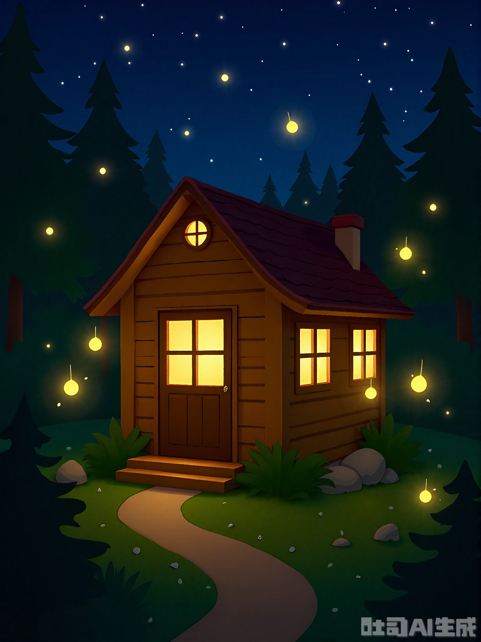 Animation style,A warm and cozy cabin nestled among lush foliage, surrounded by fireflies dancing in the air. The wooden structure's rustic charm is illuminated by a soft, golden glow from within, as if candlelight spills onto the forest floor. A sprinkling of tiny twinkles envelops the scene, as fireflies flutter about the cabin's perimeter, their ethereal light casting an enchanting ambiance under the night sky.


