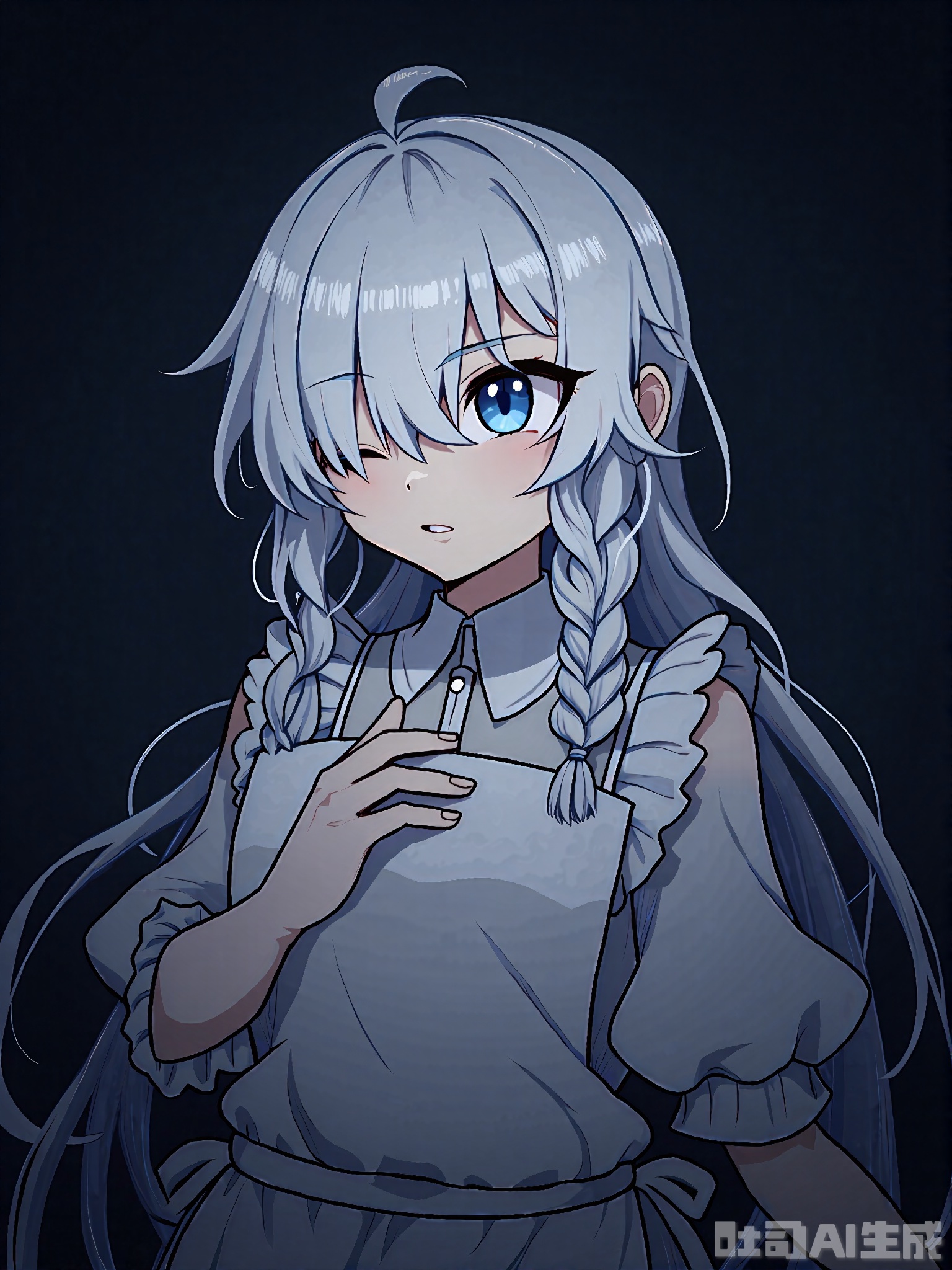 (masterpiece), (best quality), loli,late at night,dark, dark, , (detailed light), dark,an acacia,cassie ,sponge-tree,vines, forest, ruins, Blurred picture, lens flare, hdr, 1girl,broken glass, broken wall, aqua theme, white hair, blinking, white dress, closed mouth, constel lation, flat color, noline art, white hair, braid, blinking,maid, detached collar, bare shoulders